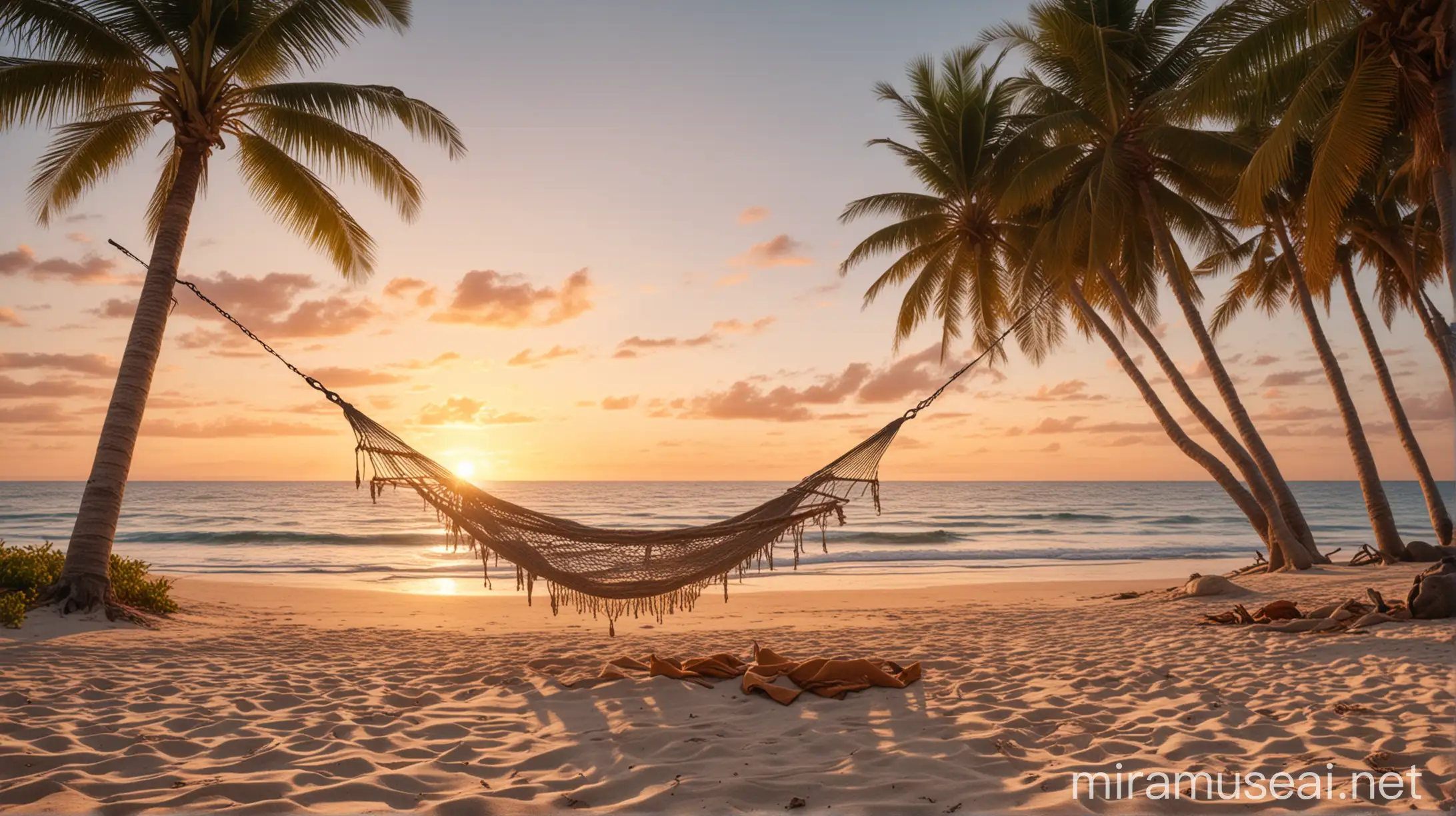 Tranquil Sunrise Beach with Hammock in Palm Trees