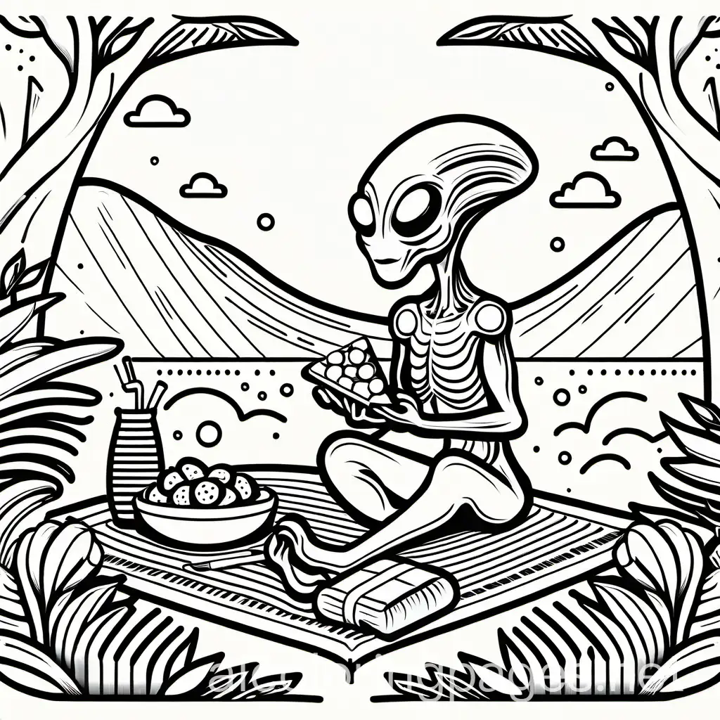 alien eating a picnic, Coloring Page, black and white, line art, white background, Simplicity, Ample White Space. The background of the coloring page is plain white to make it easy for young children to color within the lines. The outlines of all the subjects are easy to distinguish, making it simple for kids to color without too much difficulty