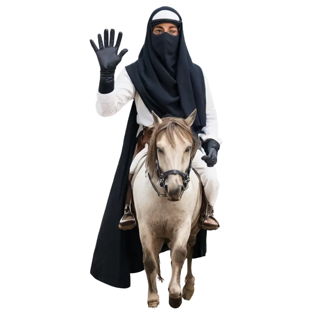 Jesus Muslim horse rider covered face with gloves on hands full body 