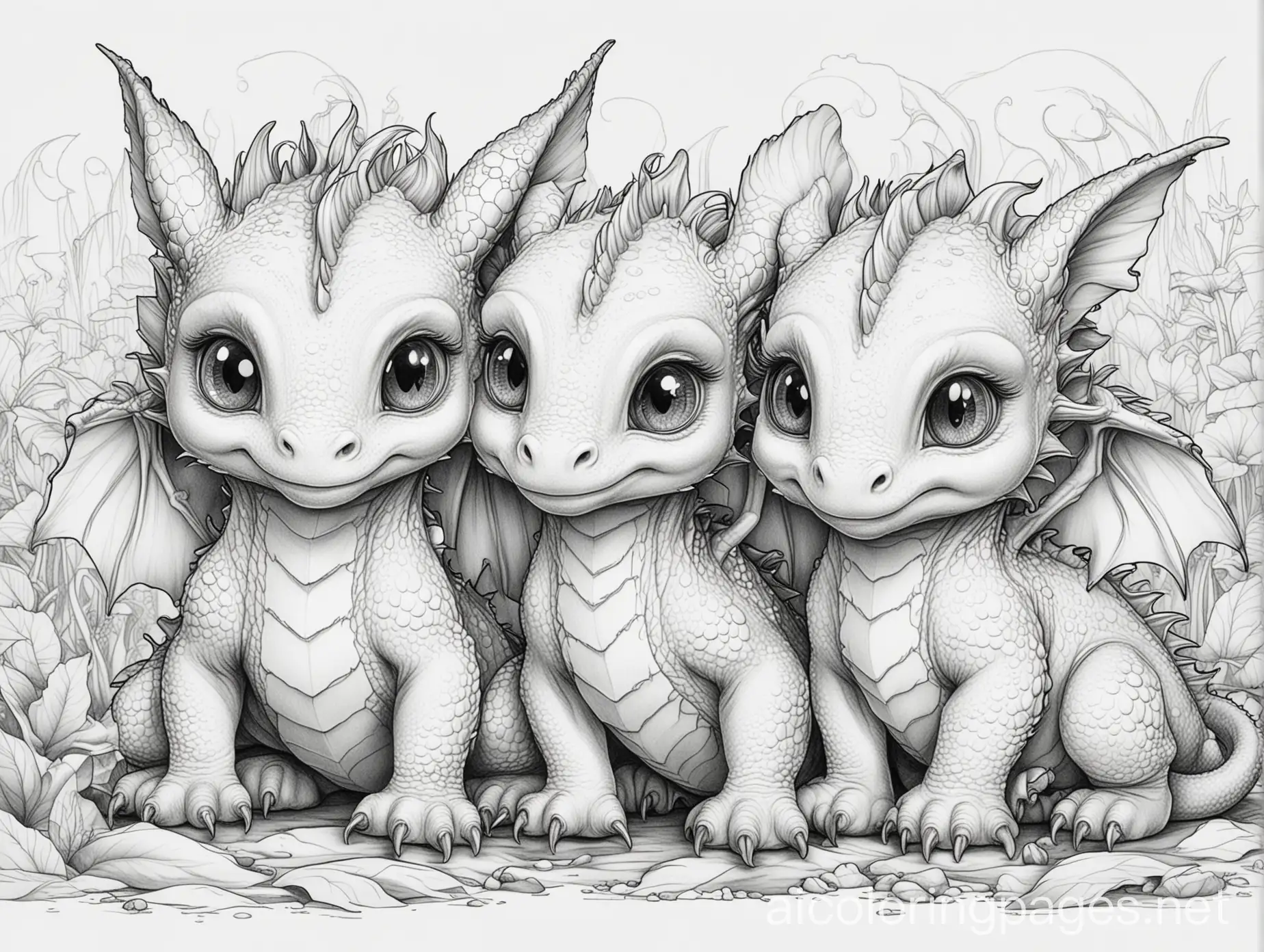 cute baby dragons, high detail, line art, black and white, adult coloring book, Coloring Page, black and white, line art, white background, Simplicity, Ample White Space. The background of the coloring page is plain white to make it easy for young children to color within the lines. The outlines of all the subjects are easy to distinguish, making it simple for kids to color without too much difficulty