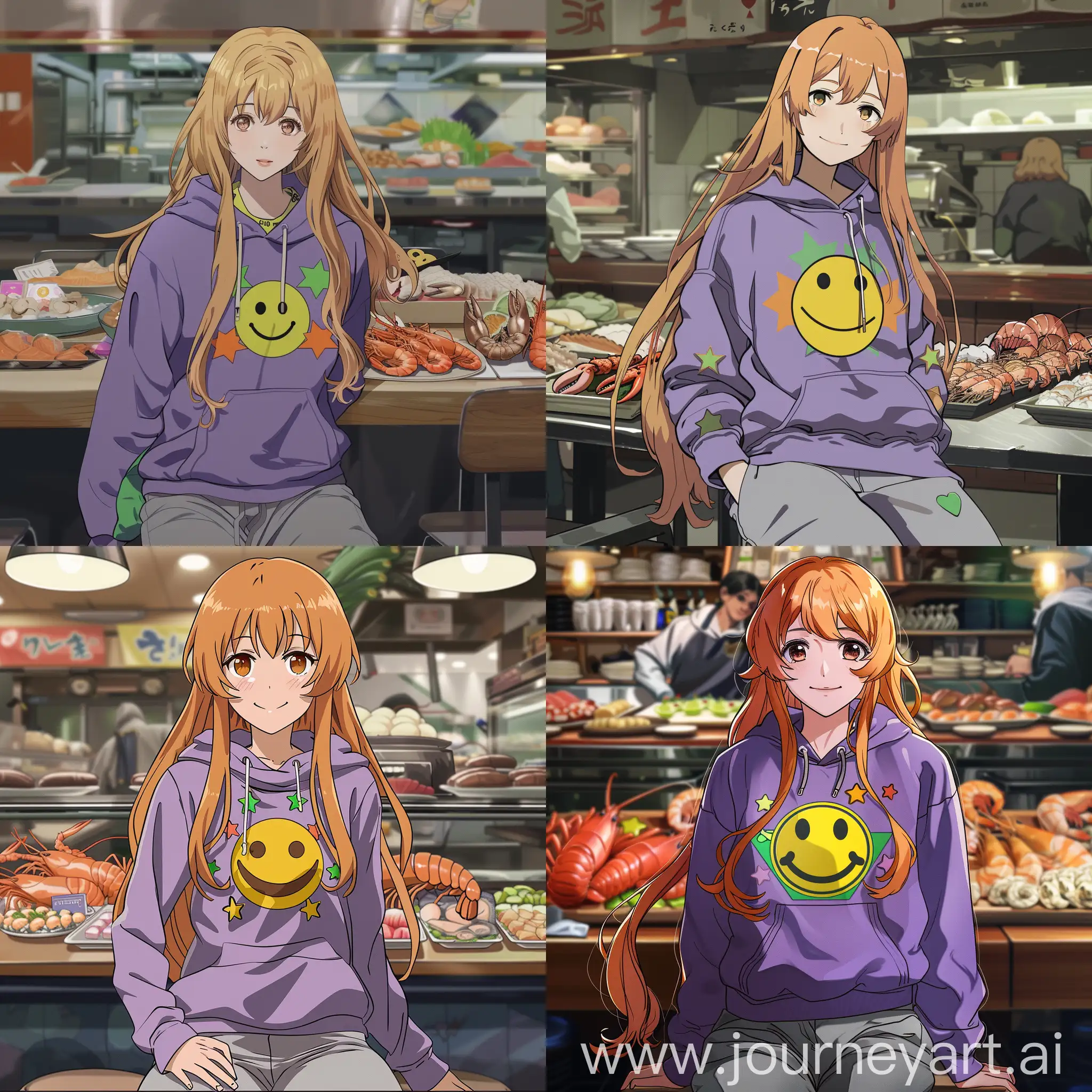 In the style of a cute anime; Hand drawn animation. A young 25 year old woman, cute, attractive. Waist length flowing hair that is blonde at the roots and fades to ginger at the tips. She is wearing a purple hoodie with a yellow smiley face, green and orange star patches on it. grey sweatpants. She is sitting in a resturant infront of a table with all sorts of seafood spread. Lobster, etc.