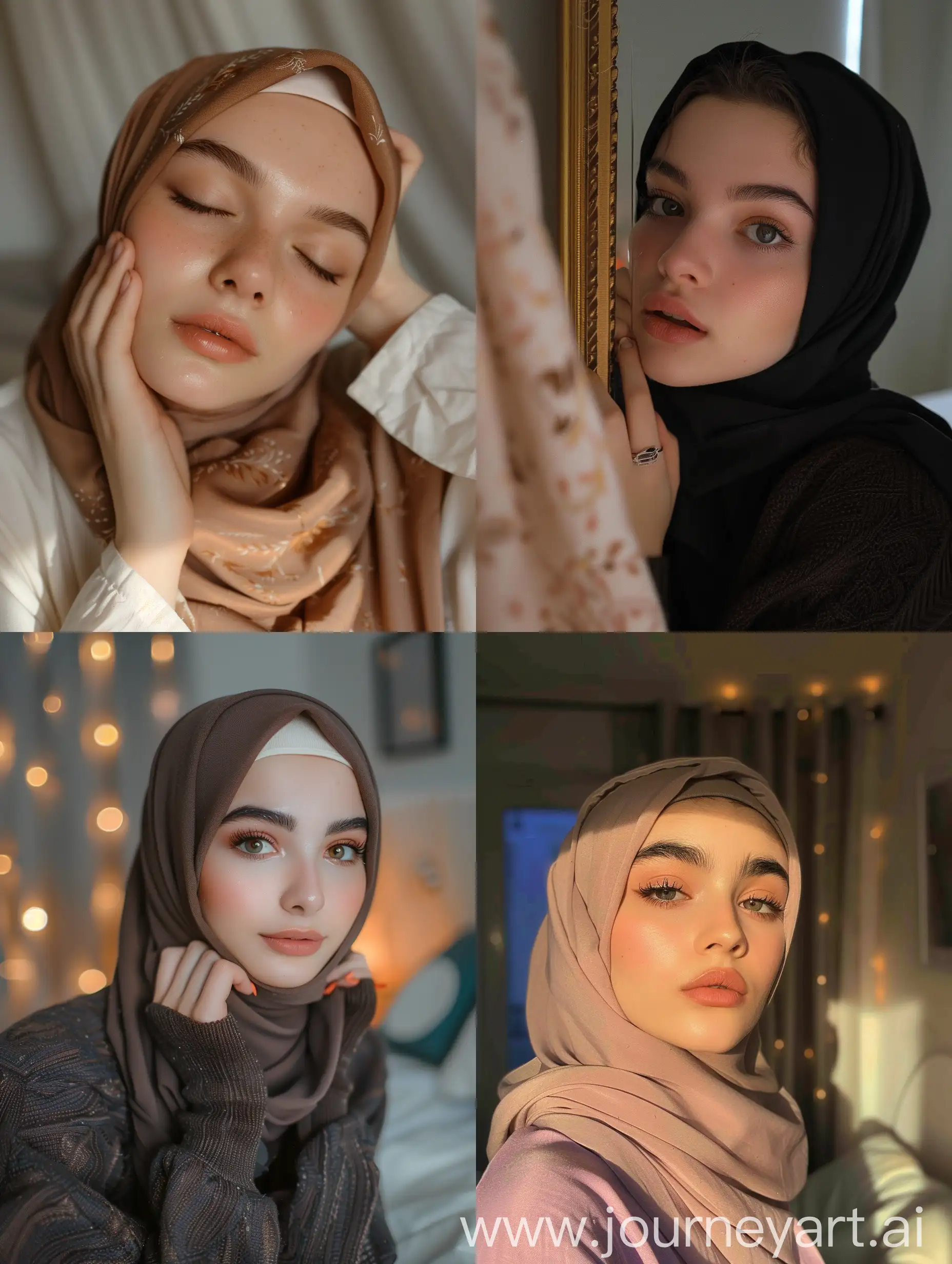 A teenage girl hijab Muslim influencer in her bedroom getting ready for bed, 17 years old, adorable, chiseled cheekbones, jawline, bushy eyebrows