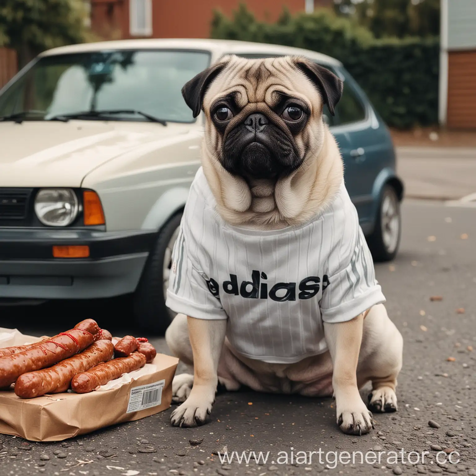 Stylish-Pug-Enjoying-Sausage-Snack-Next-to-Vintage-90s-Car
