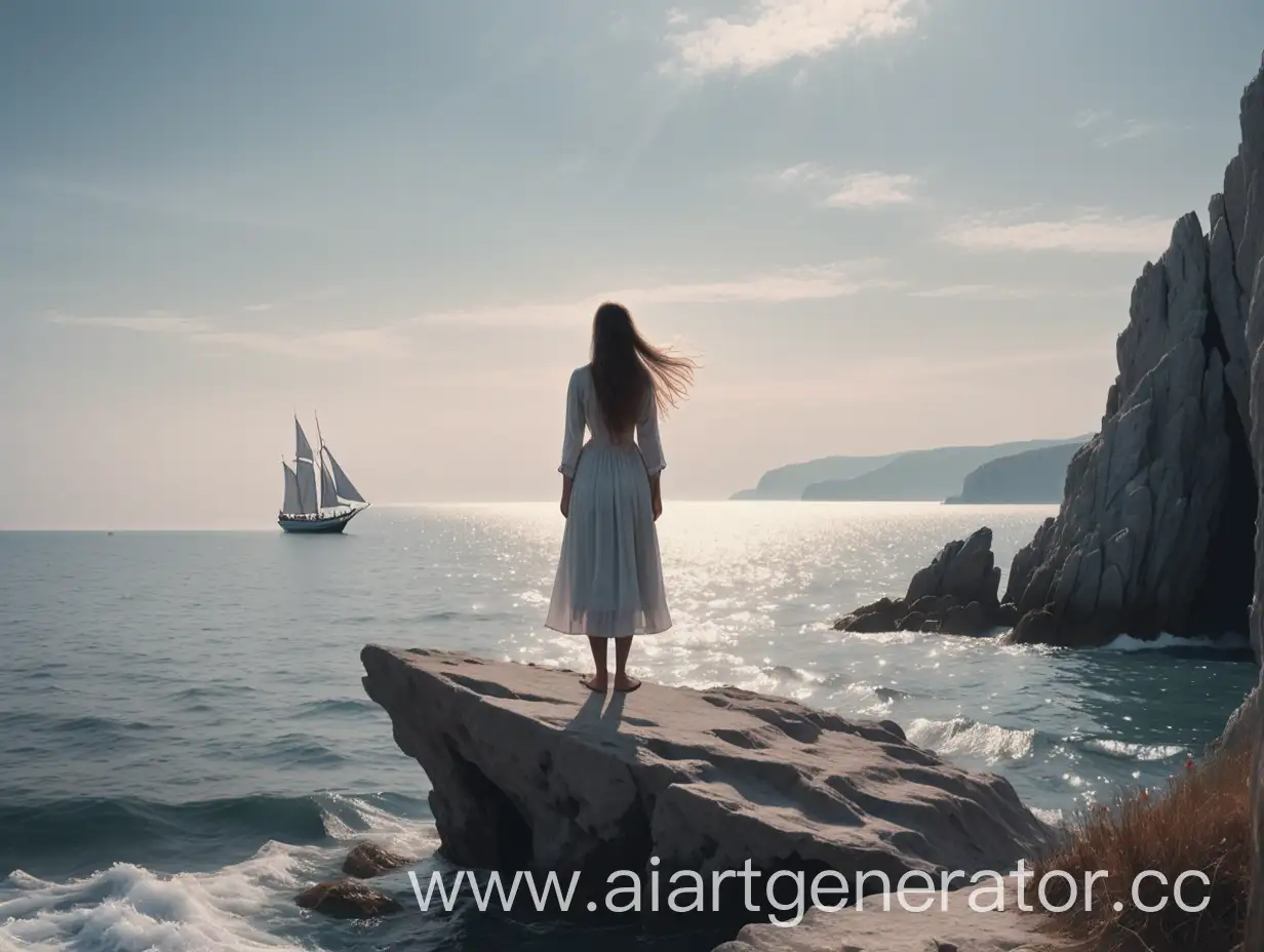 Girl-Bidding-Farewell-on-a-Rock-by-the-Sea-as-Beloved-Sails-Away-on-a-Boat