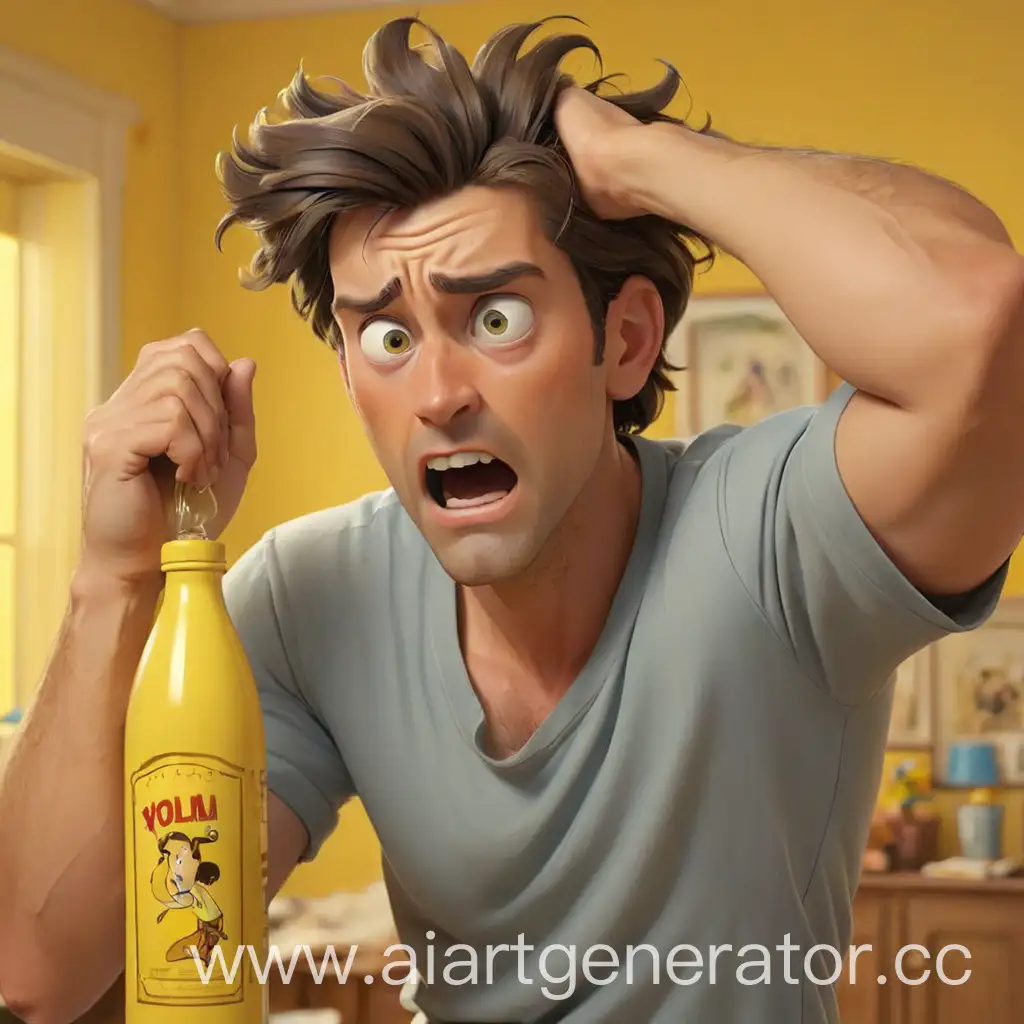 Cartoonish-Man-in-Shock-Leaning-on-Bottle-in-Yellow-Room