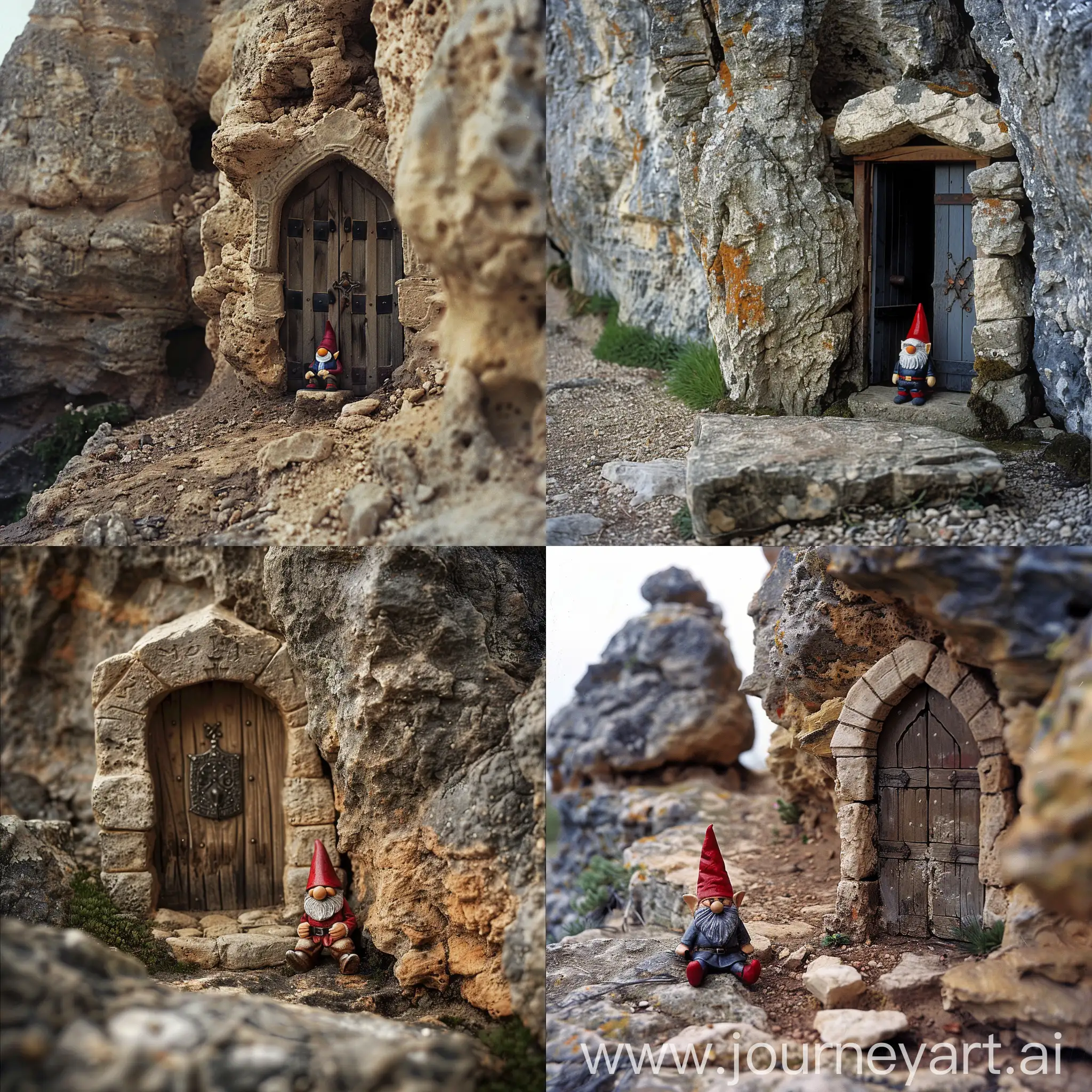 A medeival,door in a rockformation, a gnome sitting in front to the door
