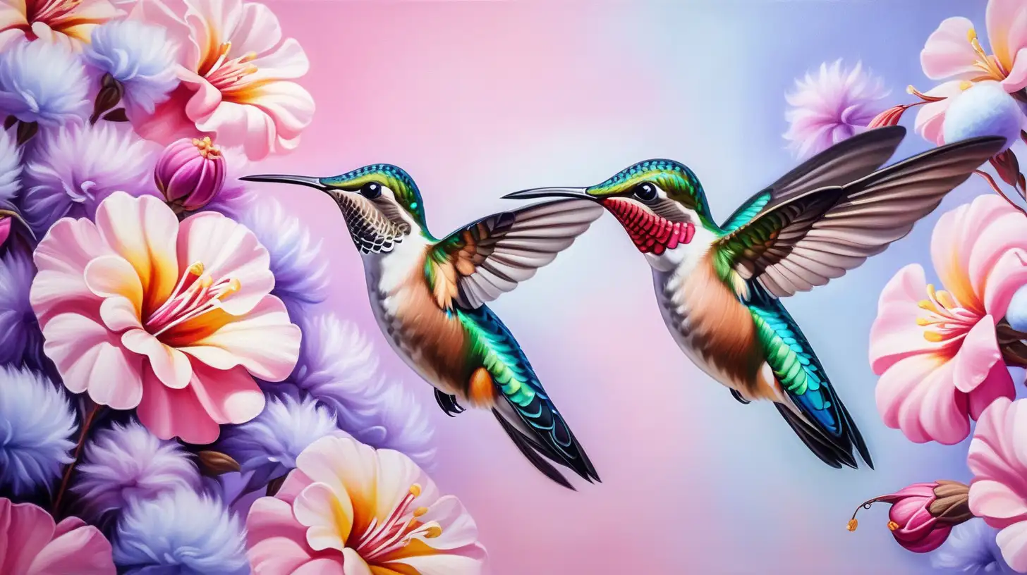 Vibrant Oil Painting of Cotton Candy Flowers with Hummingbird