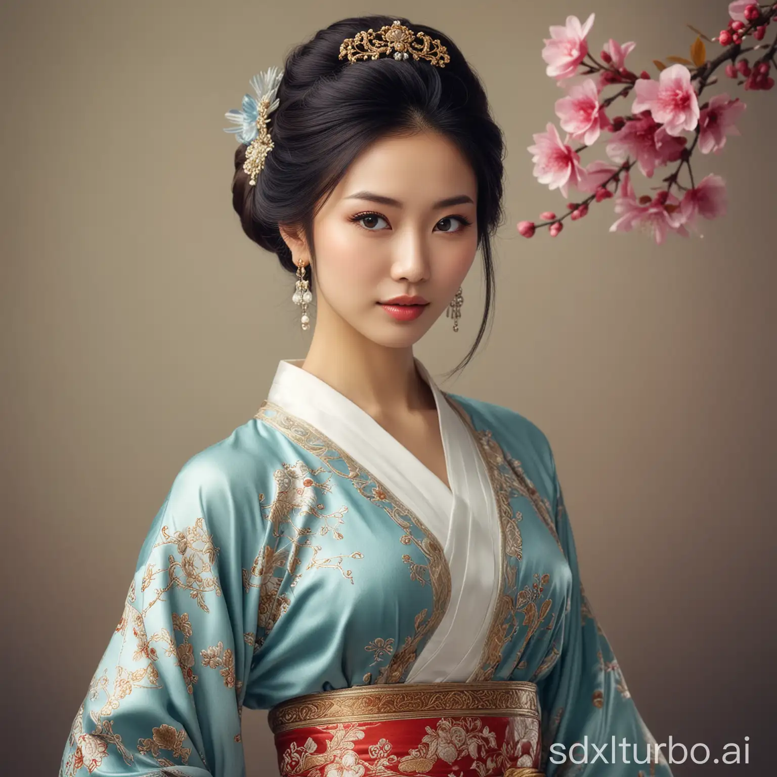 Beautiful woman, very good figure, oriental temperament, cultivated, cultured, wearing fashionable attire.