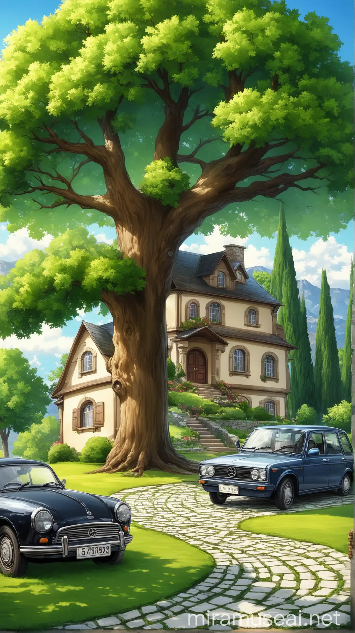 a beautiful house, a tree, a car standing under the tree, stone path
