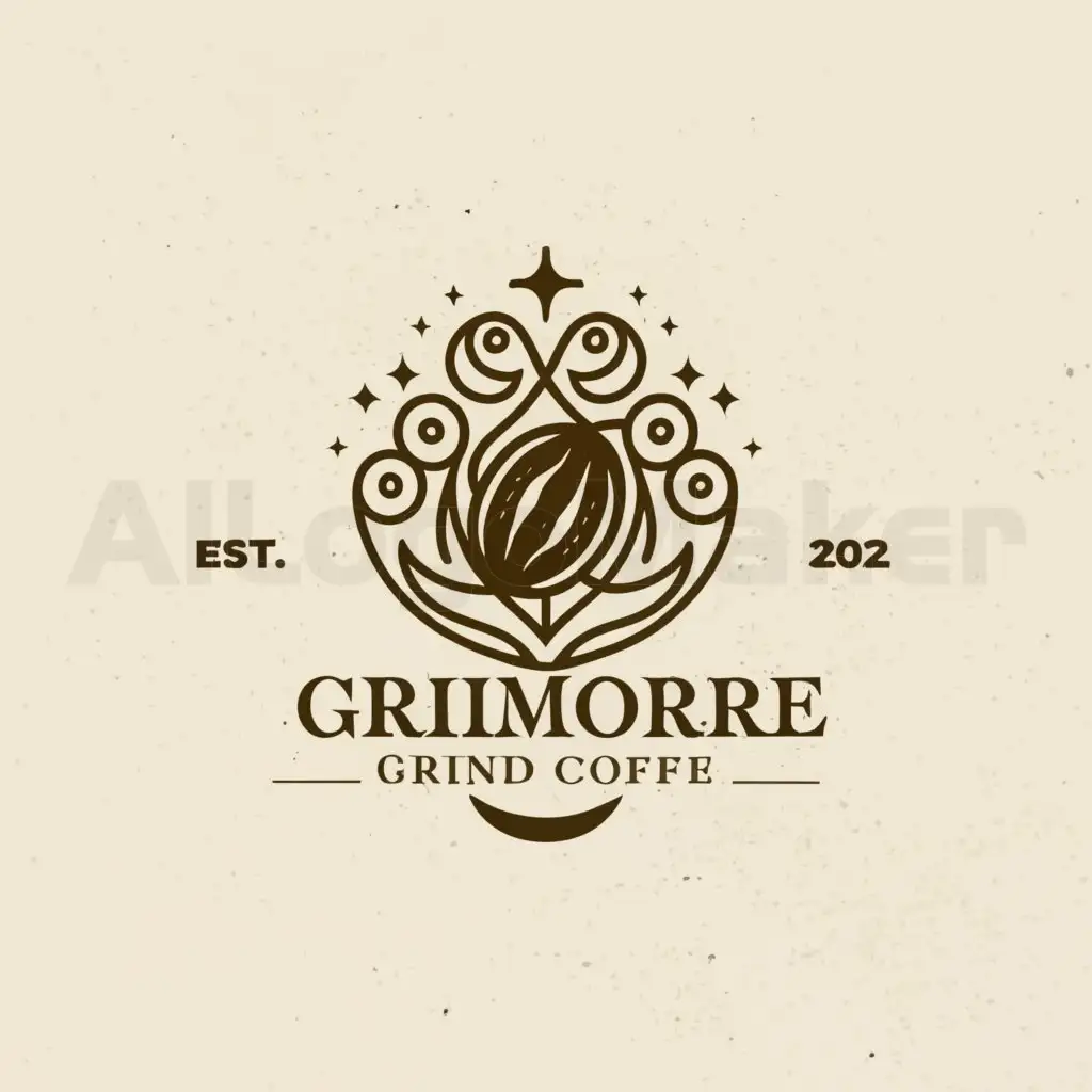 a logo design,with the text "Grimoire Grind Coffee", main symbol:Coffee bean with magic and a crescent moon,complex,clear background