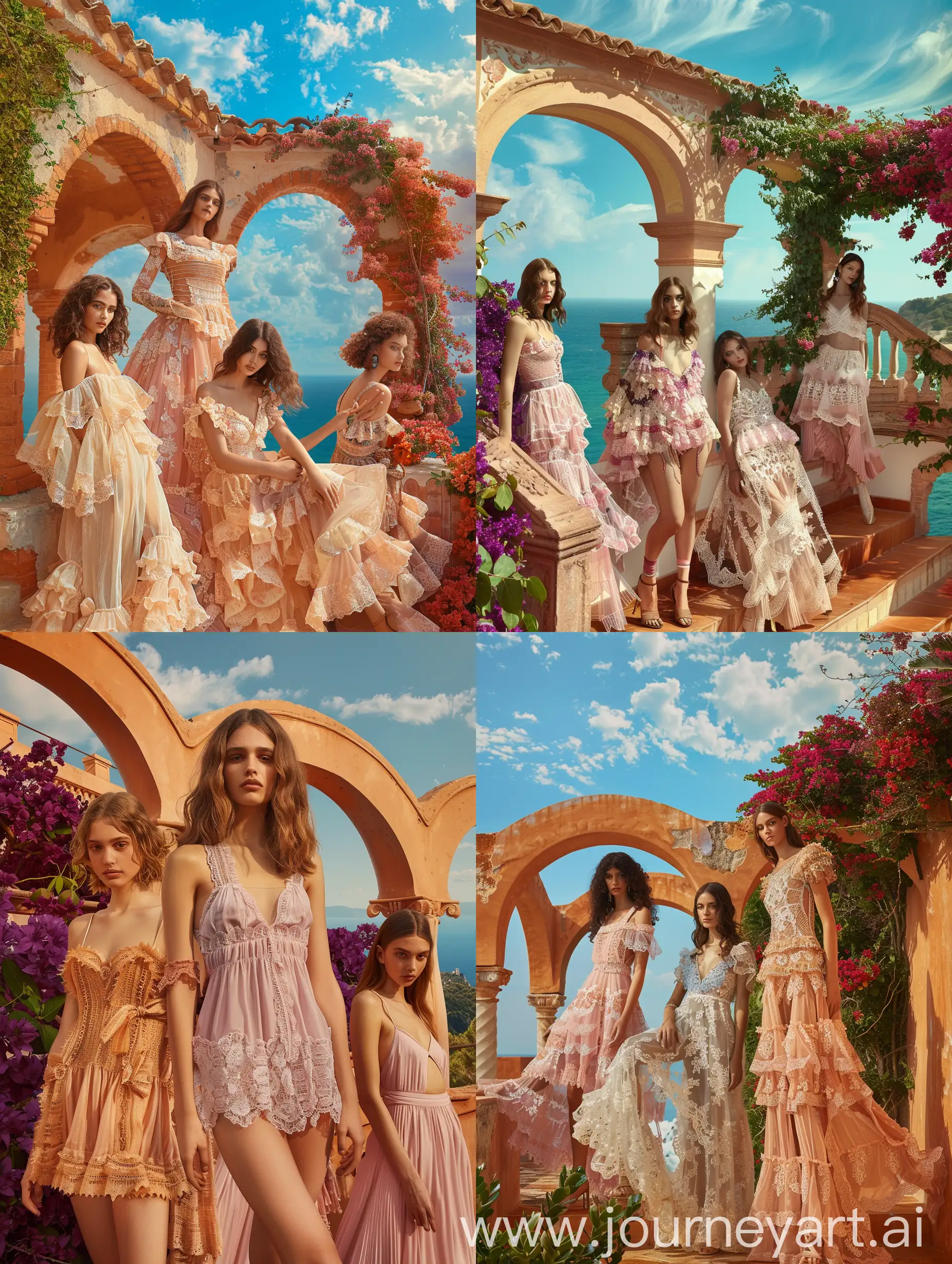 A realistic image captures the romance of a sun-drenched Mediterranean villa, where models pose amidst terracotta arches and flowering bougainvillea, wearing a fashion collection inspired by old-world charm and timeless elegance. Garments feature flowing silhouettes, delicate lacework, and sun-kissed hues, evoking the relaxed glamour of coastal living. Against the backdrop of azure skies and sparkling seas, the collection exudes a sense of luxury and sophistication, inviting viewers to escape to a world of timeless beauty