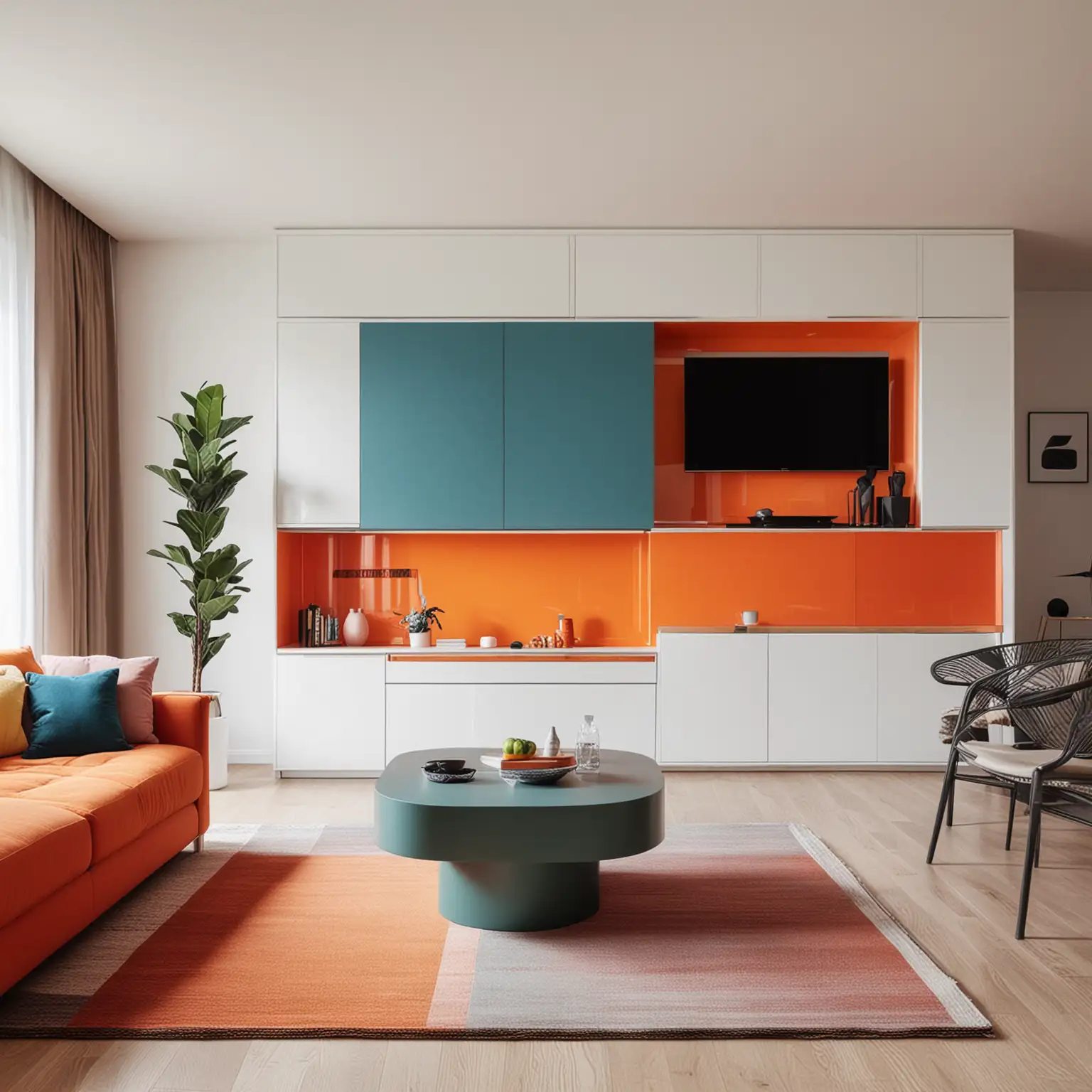 Modernes und Futuristisches Wohnzimmer einer Designerwohnung, Color Blocking, freundliche helle Farben, Schrankoberflächen 

