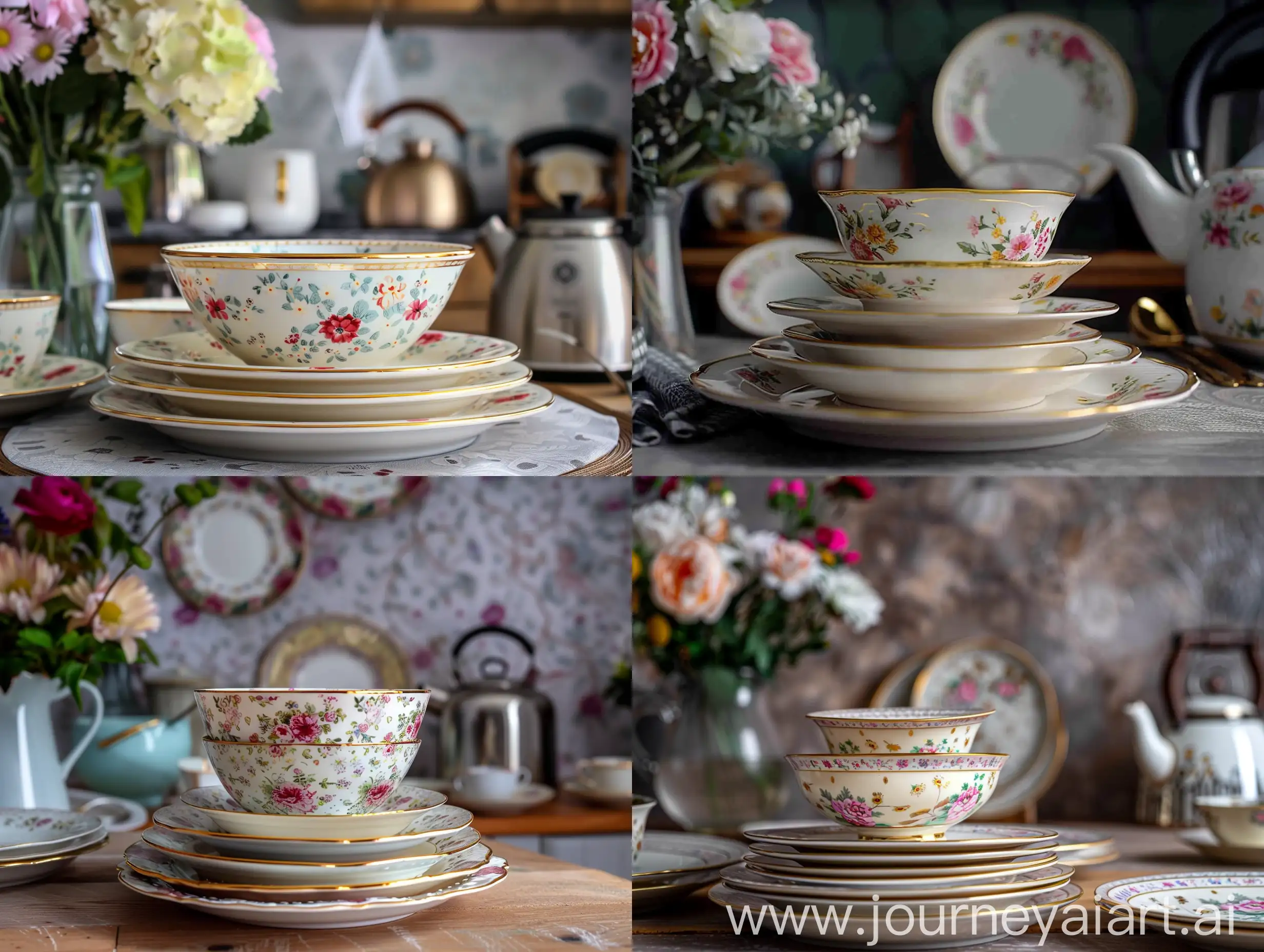 陶瓷，中间放着一叠盘子上面放着一个碗，金色描边，碗上有花的图案，焦点准确，背景虚化，背景左边放着一个花瓶插着鲜花，背景右边放着一个水壶