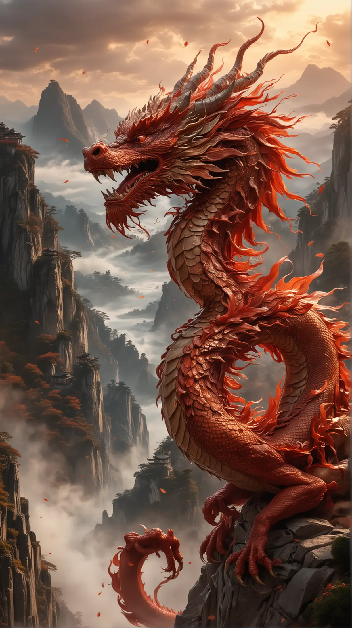 Majestic Chinese Red Dragon in Clouds and Mountains