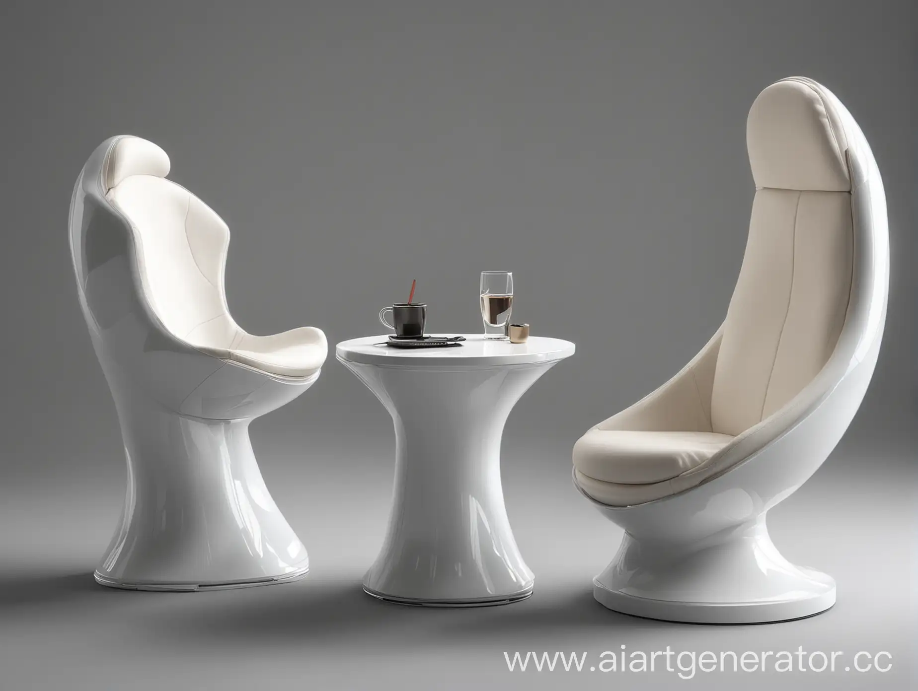 кресло будущего, футуристический стиль, полукруглое кресло, сферическое кресло, динамики в подголовнике, с боку мини столик