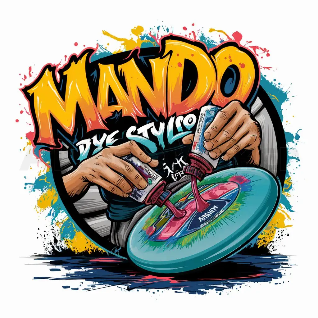 a logo design,with the text "Mando Disc Dye Studio", main symbol:Bright splashy colors, graffiti style text,the artist's hands squeeze bottles onto a Frisbee laying at an angle on a surface. The artist paints the frisbee in a frenzy of paint flying and splashing everywhere,complex,clear background