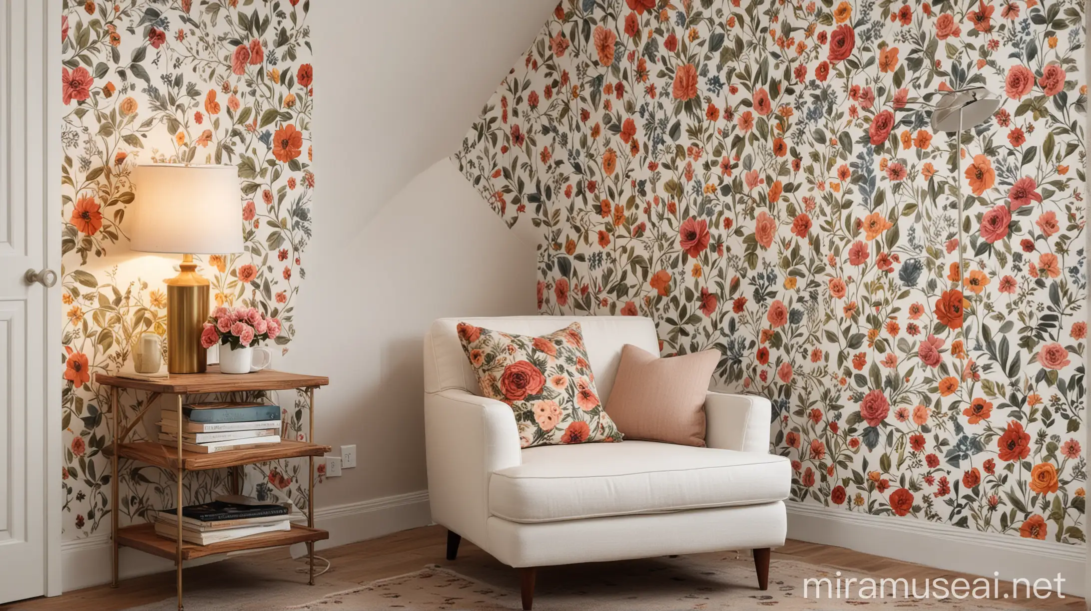 A cozy reading nook with a comfortable armchair, reading lamp, and small bookshelf. White walls with floral wallpaper.