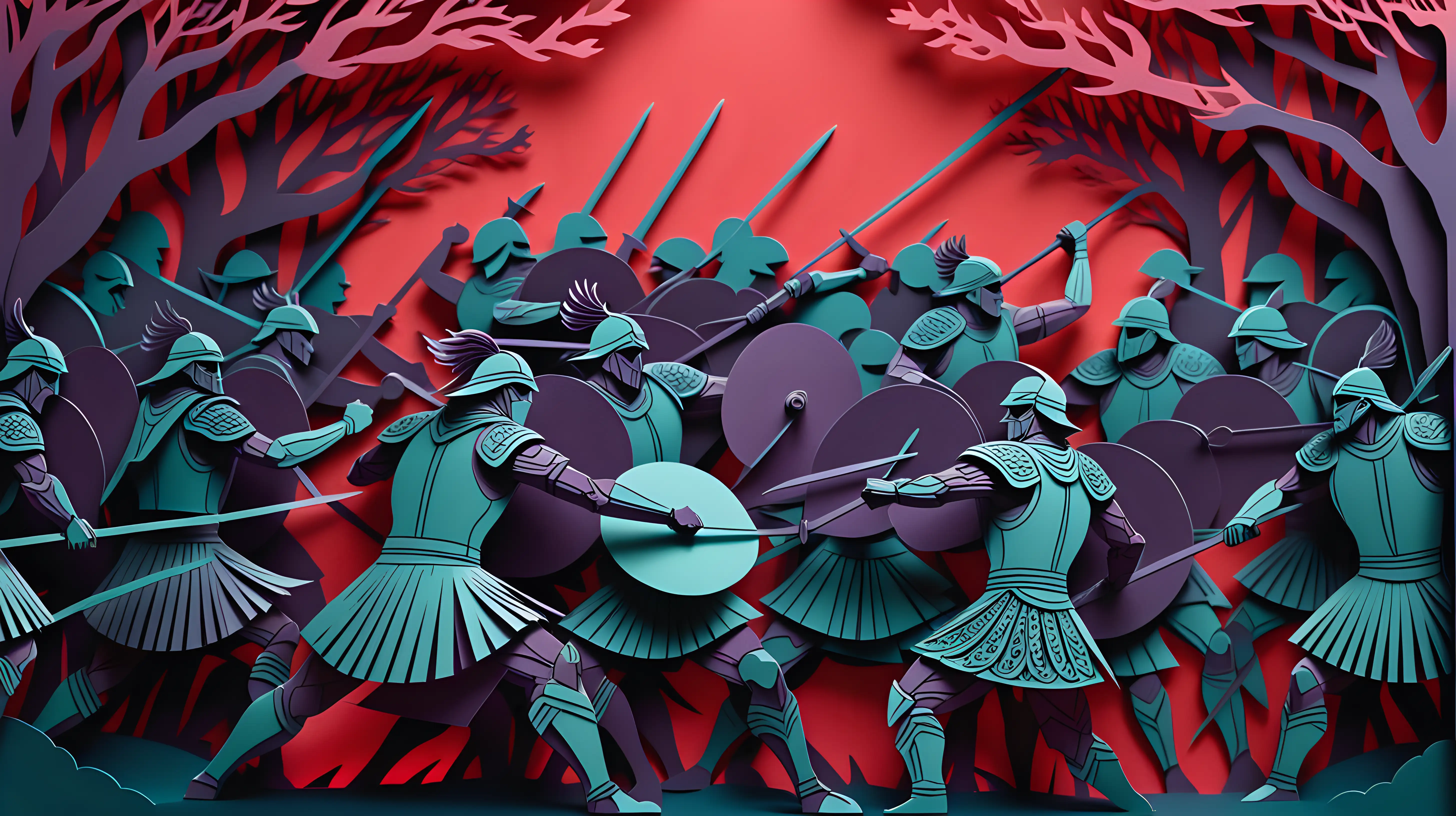 Dark Silhouettes of Warriors Crowd on Red Background Battle Intricate LaserCut Paper Illustration