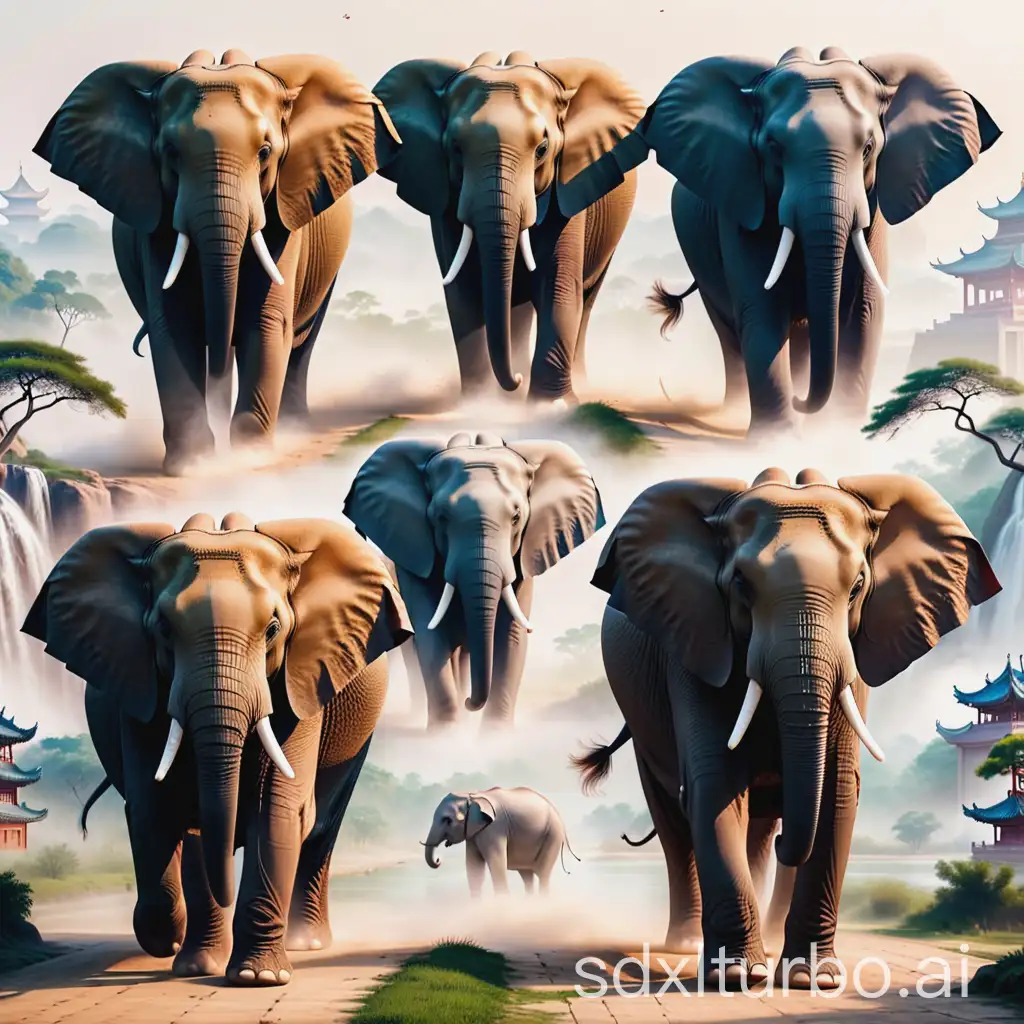 generate a picture of four ancient Chinese officials each feeling a different part of an elephant