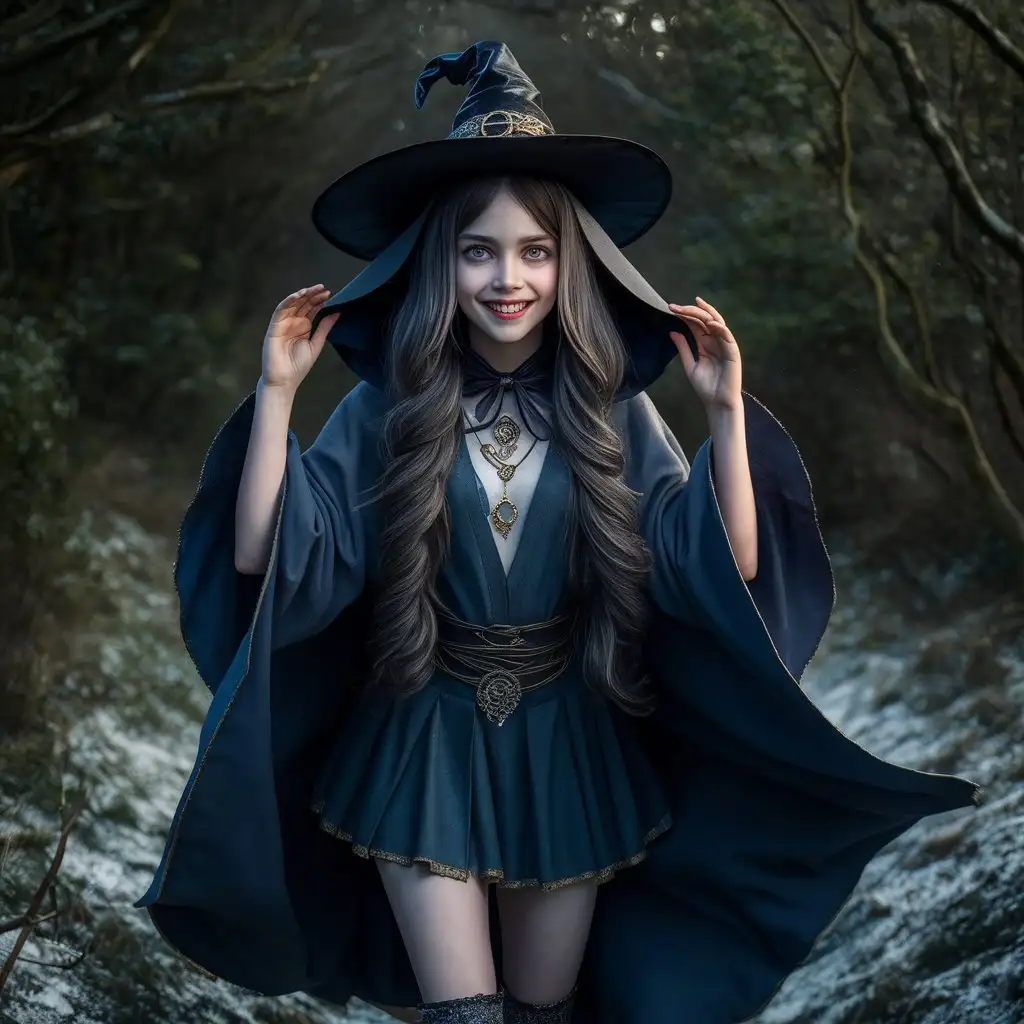 The picture shows a Polish girl of eighteen with long dark-blond hair, a sweet and beautiful face, with plump lips and gray eyes, dressed as a witch with a large neckline and a short skirt and hood, covered with hermetic amulets and wearing a wide-brimmed, wide-brimmed, large magician's hat in an Irish summer forest with snow. The light from the forest illuminates her face, giving it a playful and alluring expression. The overall image creates a sense of mystery and invites the viewer to explore the scene further.