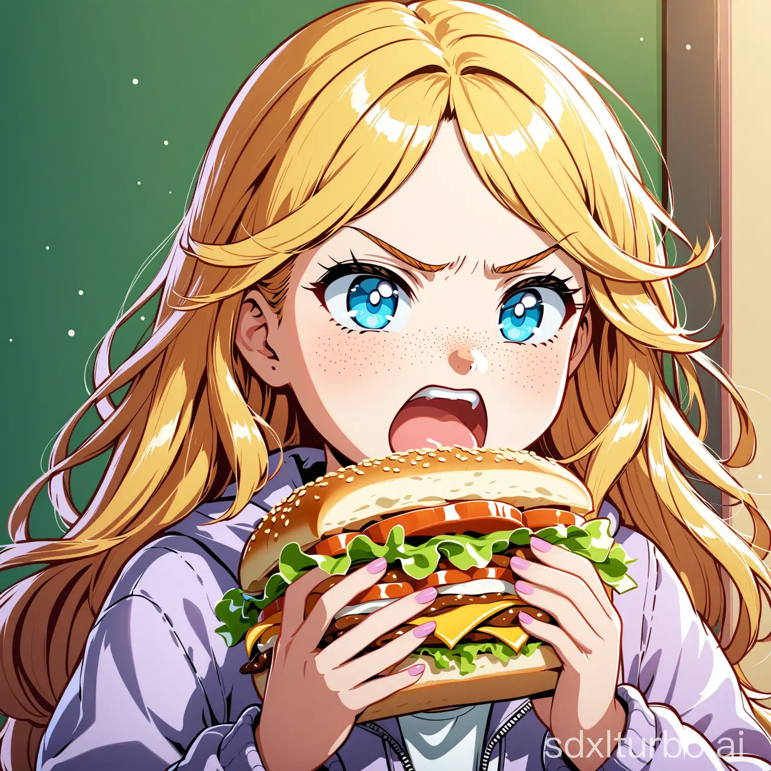 Angry-Blonde-Girl-in-University-Jacket-Eating-Sandwich