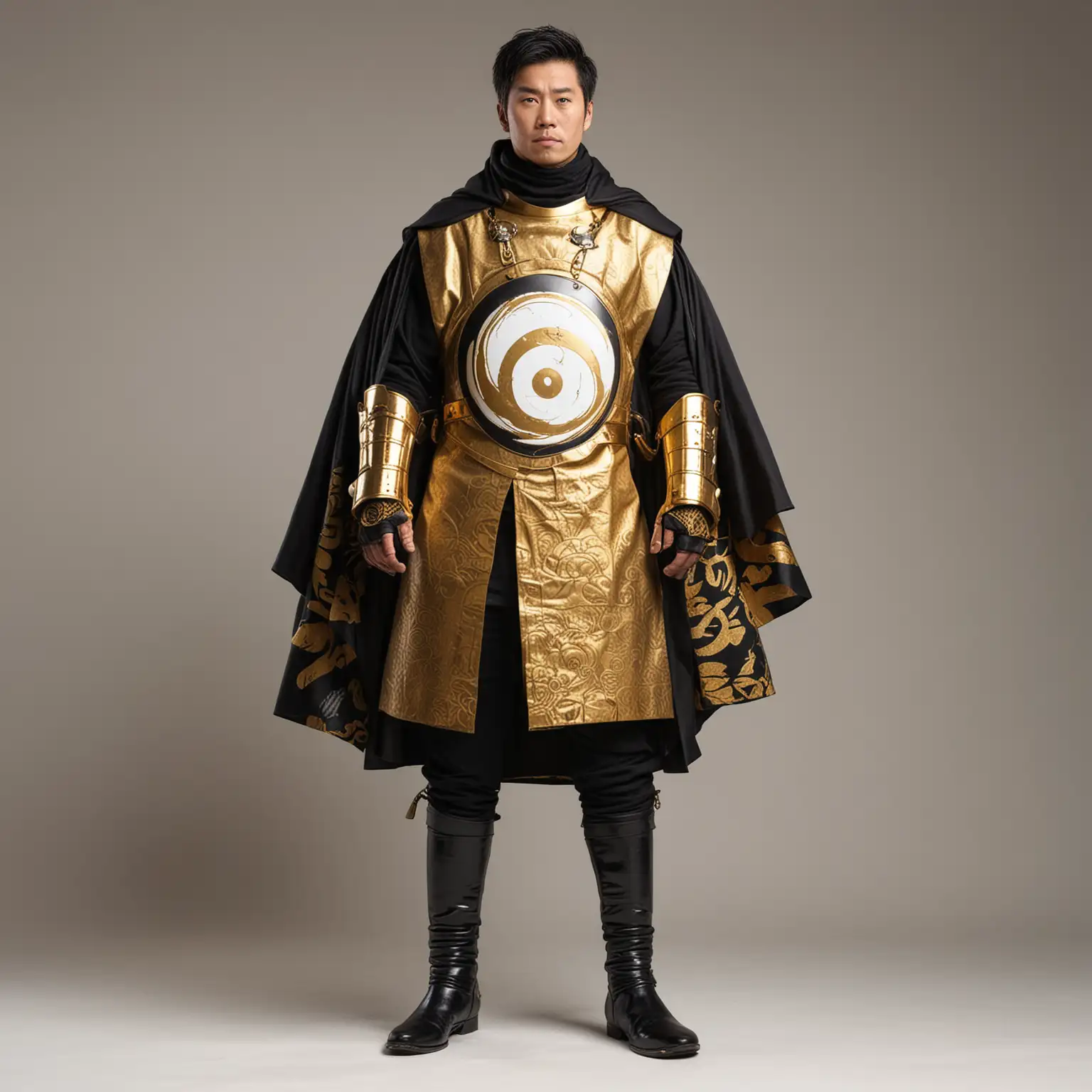 Standing full body view, looking to the right, Heroic Japanese man in black turtleneck, gold knight samurai, giant yin-yang symbol belt, gold cape, gold boots, boots, white background
