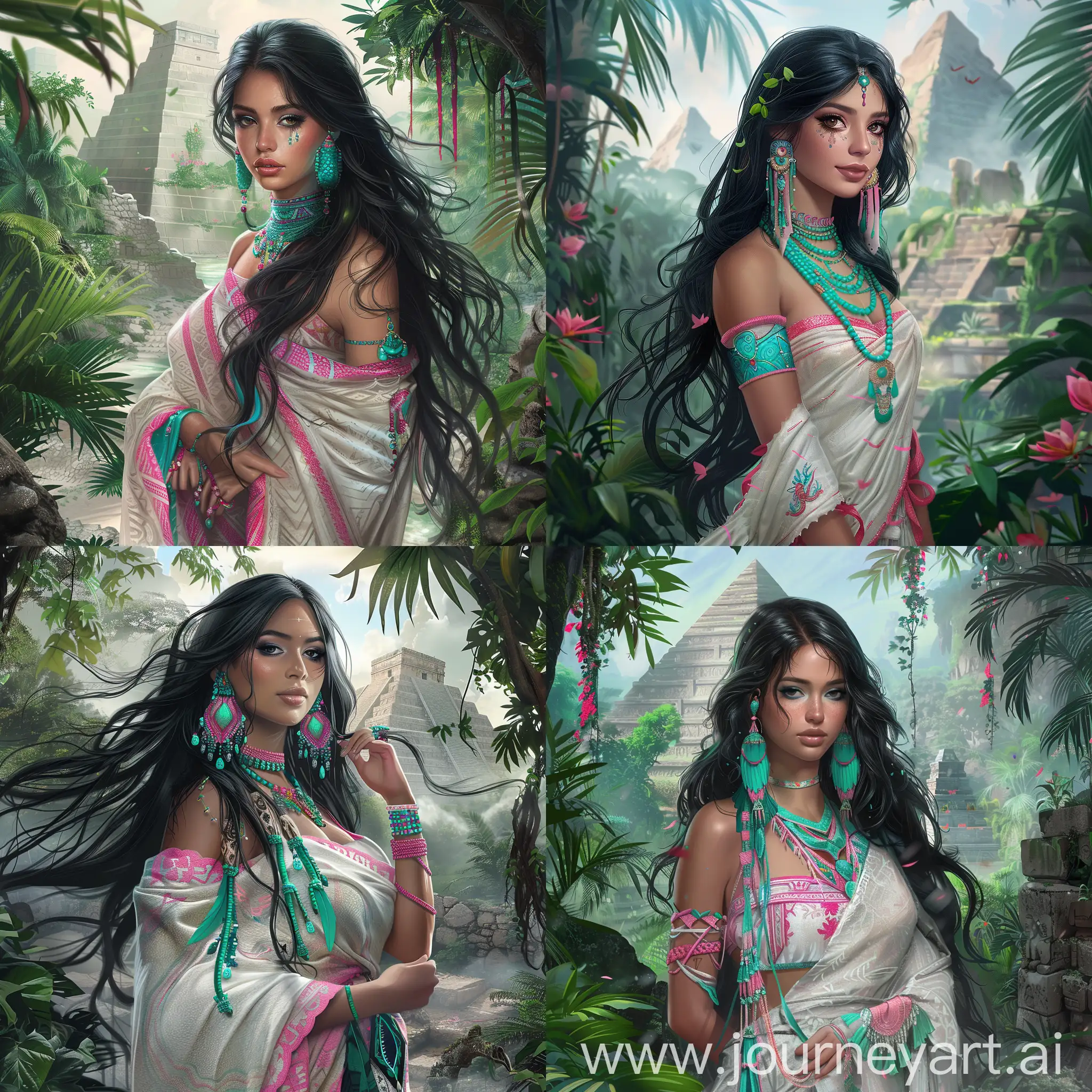 Create a highly detailed digital art scene of a beautiful woman inspired by tropical, ancient Mesoamerican aesthetics. She should have long, flowing black hair and be adorned with vibrant teal and pink jewelry, including earrings, necklaces, and armbands. Her attire should be a traditional, yet stylized wrap, primarily in white with pink accents, showcasing intricate patterns. 

The background should depict lush, tropical vegetation with a hint of mist, and prominently feature ancient stone pyramids partially overgrown with plants. The overall atmosphere should evoke a sense of mystery and adventure, with diffused sunlight filtering through the greenery, creating a soft, ethereal glow. Ensure the woman has a confident, serene expression, adding an element of regality to the scene