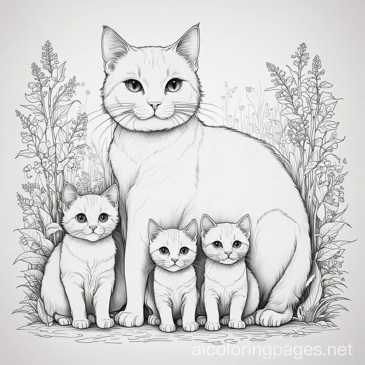 Mommy cat and kittens outside, Coloring Page, black and white, line art, white background, Simplicity, Ample White Space. The background of the coloring page is plain white to make it easy for young children to color within the lines. The outlines of all the subjects are easy to distinguish, making it simple for kids to color without too much difficulty