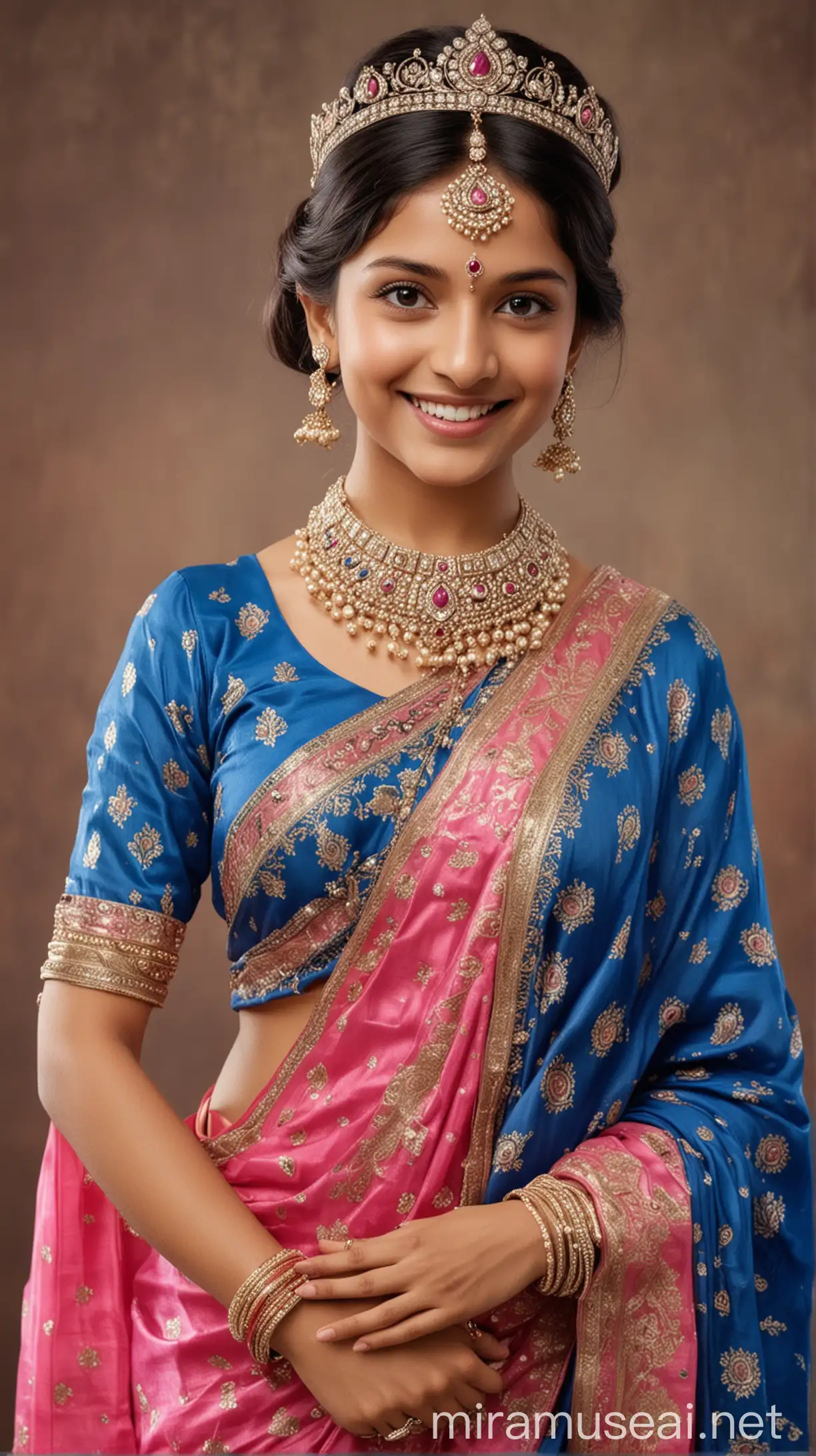 smiling Indian princess in blue and pink saree with ornaments , wearing crown and , picture shows head to hip