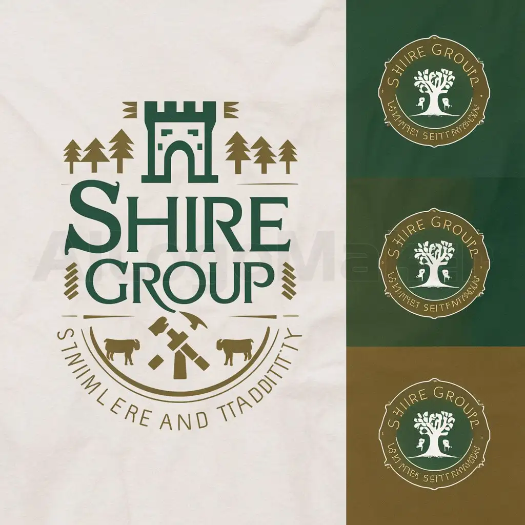 a logo design,with the text "Shire Group", main symbol:a logo design,with the text 'Shire Group', main symbol: Create a logo for my company called 'Shire Group'. The style should be traditional, with a color palette that includes green. It could be only green or green with other colors. Shire Group is a construction and real estate development company specializing in traditional stone construction homes and development of agricultural neighborhoods. Our homes are natural, built in a traditional style, and connected to the outdoors, durable, and oriented to community interaction. The people who buy our homes value living in community, participating in the production of food, enjoy homesteading, appreciate historical architectural styles, and enjoy the outdoors. Many of the people interested in our homes are religious and appreciate the religious art in our neighborhoods. Some symbols that we connect with our brand: castle, tower, shield, tree, livestock, market, medieval or renaissance fonts and styles, fantasy fiction stories, hammer, chisel.,Moderate,be used in construction and real estate development company industry,clear background