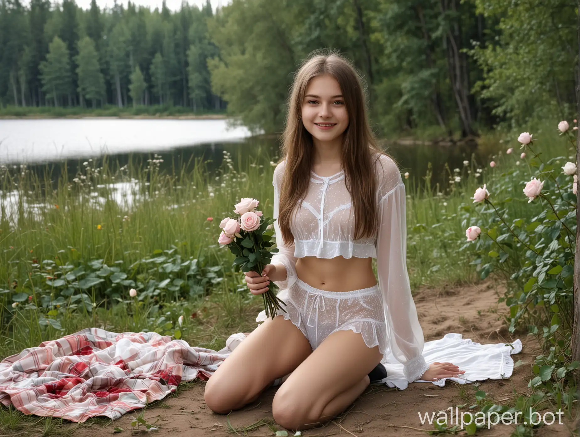 thin, Moscow girl 16 years old, translucent underwear, in dark knee-highs, picnic in the taiga by the lake, with a bouquet of roses, first date, winking