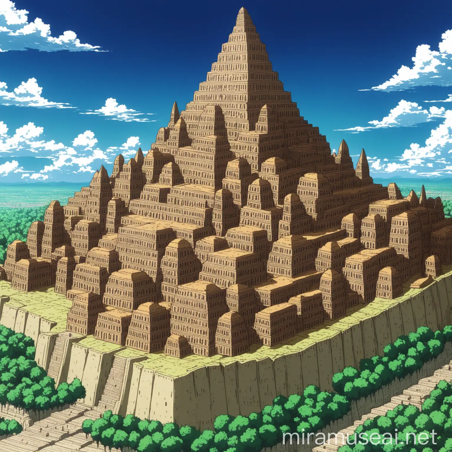 a fantasy city with a ziggurat on a plateau, in anime