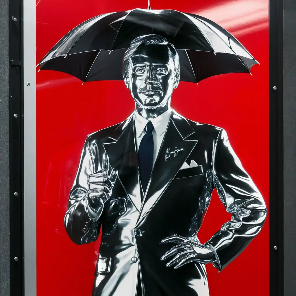  гордый хромовый силуэт  мужчины в костюме 
  с зонтом на красном фоне плакат   постер афиша ракурс снизу гордая поза  человек сделанный из хрома хромированное  лицо