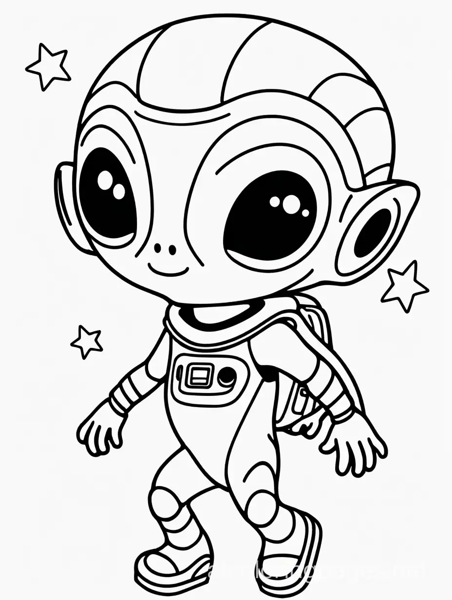 a cute alien travelling through space, very simple, Coloring Page, black and white, line art, white background, Simplicity, Ample White Space. The background of the coloring page is plain white to make it easy for young children to color within the lines. The outlines of all the subjects are easy to distinguish, making it simple for kids to color without too much difficulty