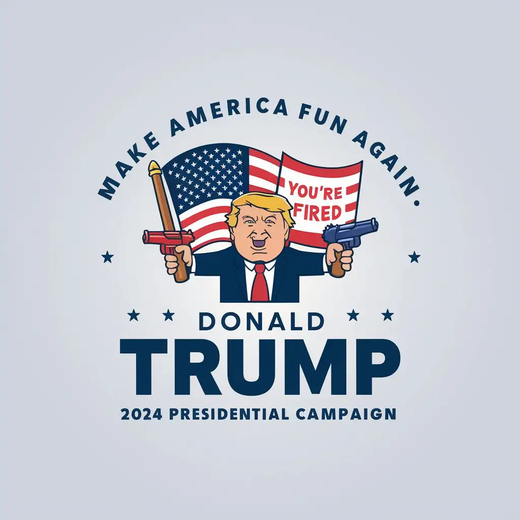 a logo design,with the text "Trump for president 2024", main symbol: Cartoon image description: Donald Trump holds a flag and a toy gun. The flag says "You're fired," instead of stars and stripes. Text at the top reads "Make America Fun Again." (The input does not require translation as it is already in English.),complex,clear background