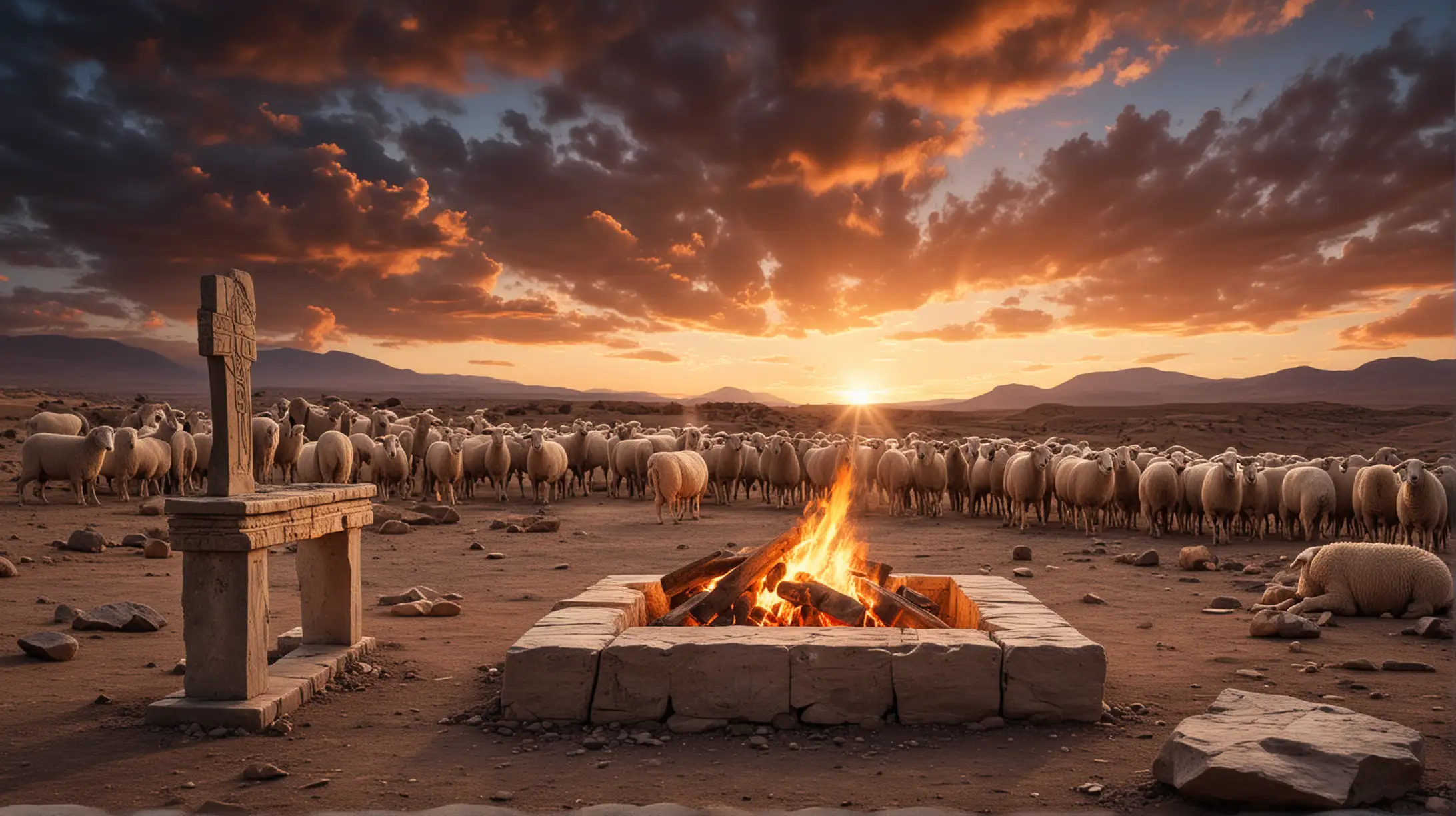 A close up of  a  stone  sacrificial altar, with a fire lit to do burnt sacrifices.  Set in a desert location,  with some rams, and sheep in the distance, with a magificent sky behind him, in the Era of the Biblcal Moses.