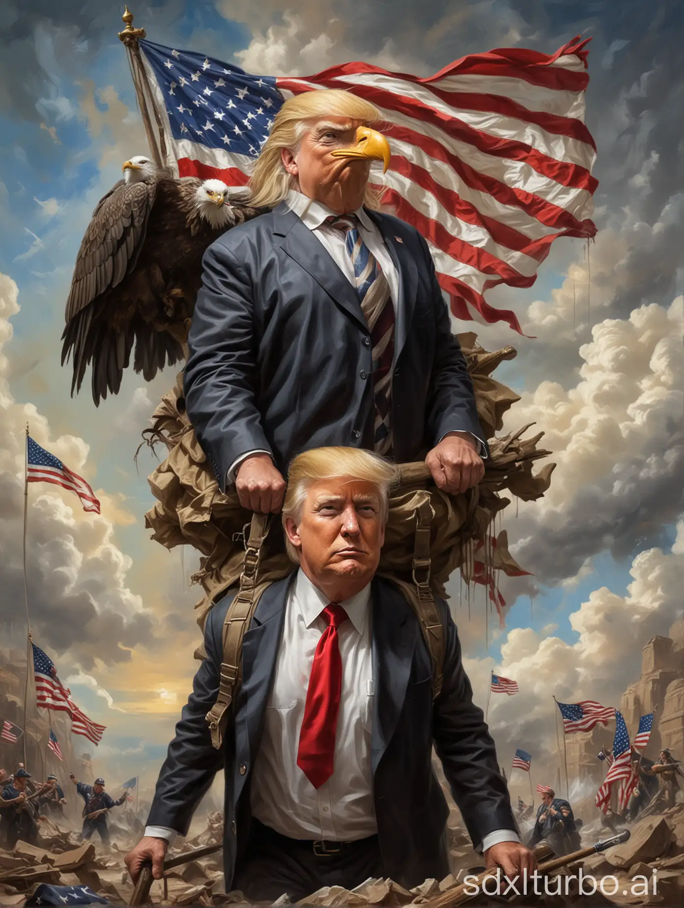 Create an oil painting of Donald J. Trump carrying the world on his shoulders like Atlas. Include American patriotic elements such as the flag and an eagle in the background. The style should be heroic and grandiose.