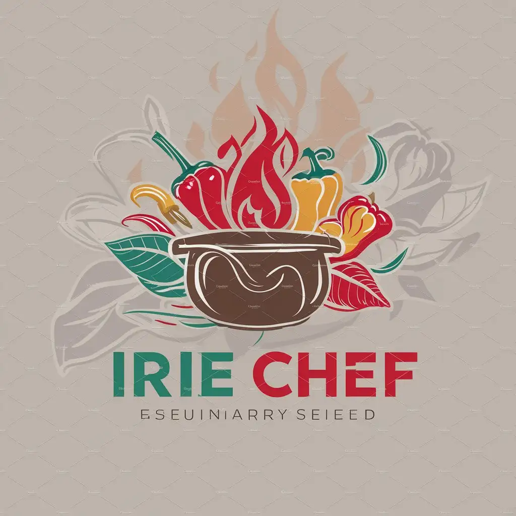 a logo design,with the text "IRIE CHEF", main symbol:create a stunning and clean logo , use vibrant colors, include peppers, leaf and other spices around a pot on fire,Moderate,clear background