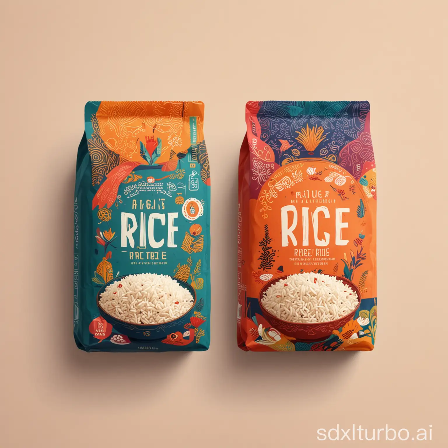 rice packaging design illustration, flat style, ethnic, colorful with personality