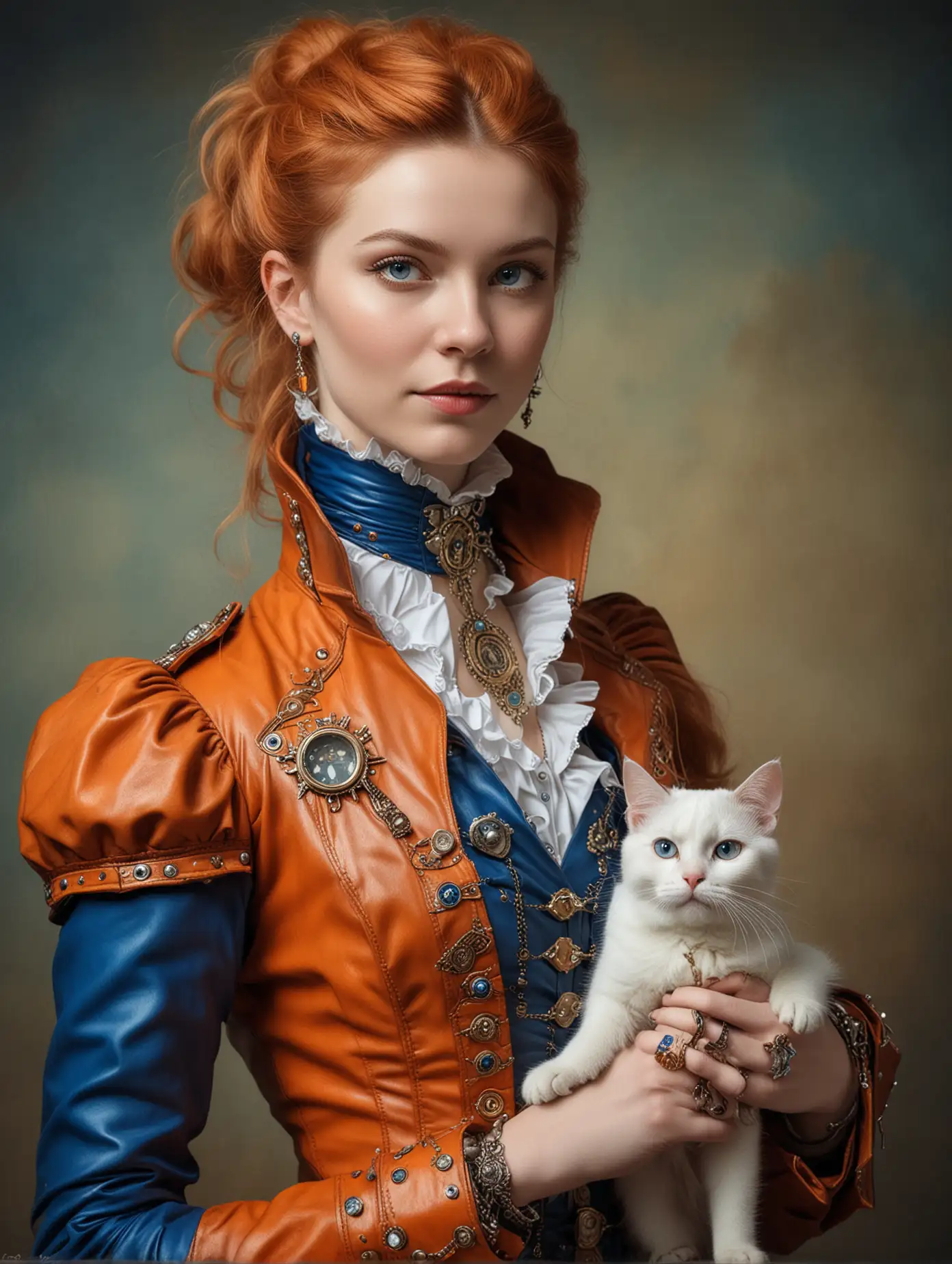 the portrait of a steampunk noble woman in a leather orange and blue suit with her white cat, delicate steampunk jewelry, old dutch painting masters style