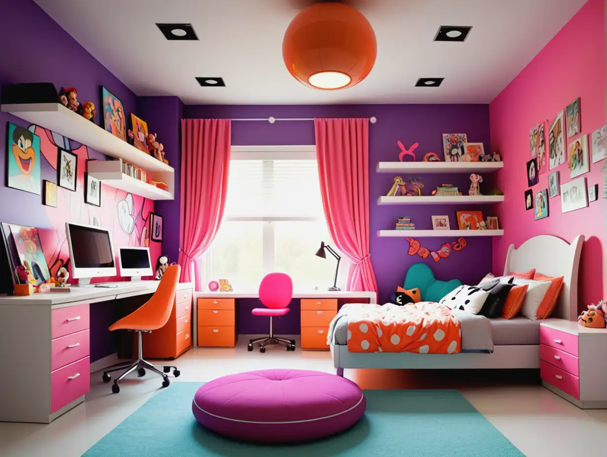 CartoonInspired-Teenage-Girls-Room-Decorated-with-Vibrant-Colors-and-Playful-Patterns
