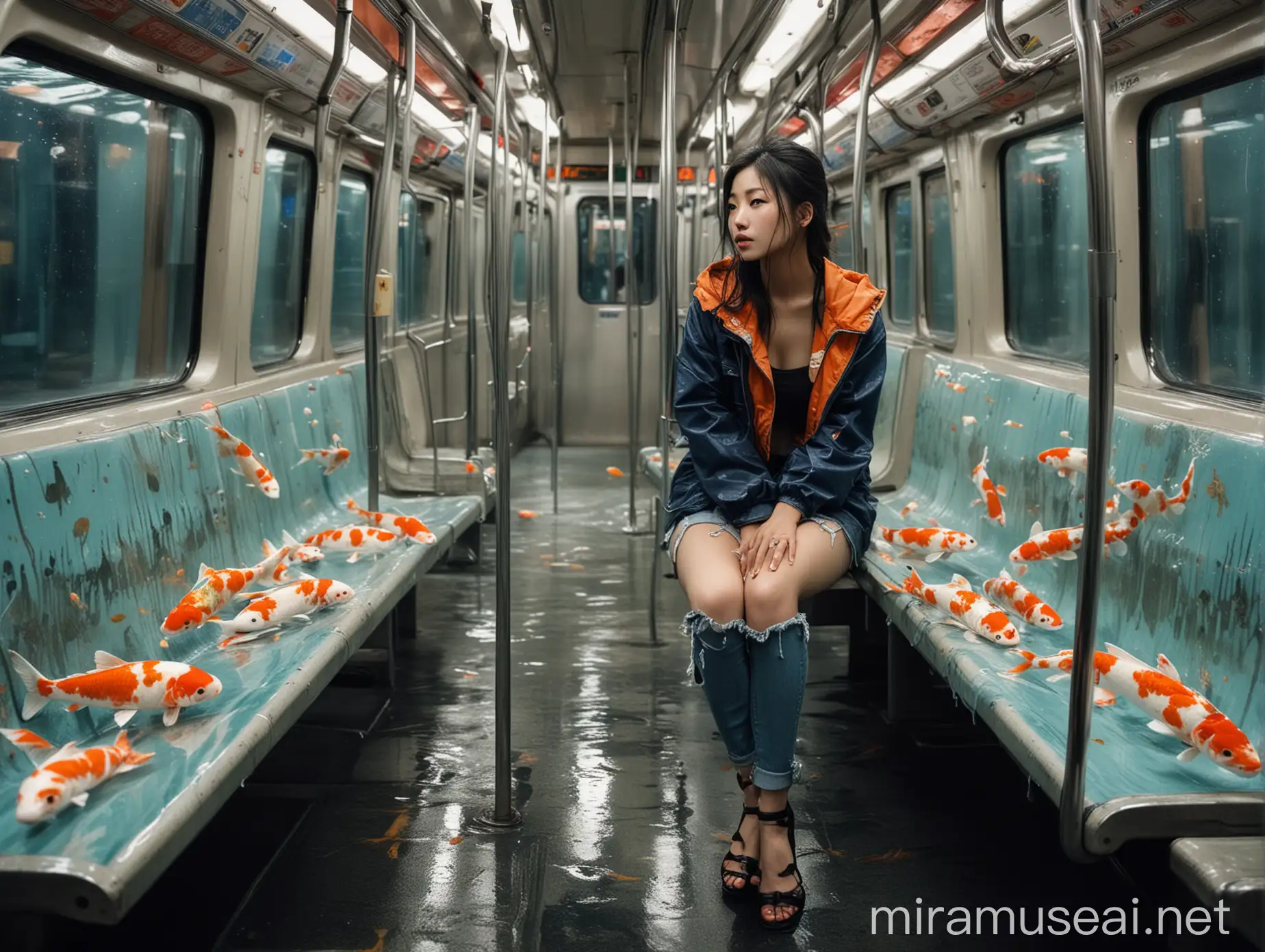 A metro train in Hongkong, slightly filled with water and adorned with graceful koi fish swimming. a beautiful Korean woman wearing a jacket and ripped jeans stand on the benches, cautious and afraid of getting wet, as this surreal fusion of urban transport and underwater beauty creates an unexpected and intriguing scene. The contrast between the hesitant passengers and the serene aquatic environment adds a whimsical touch to this imaginative scenario