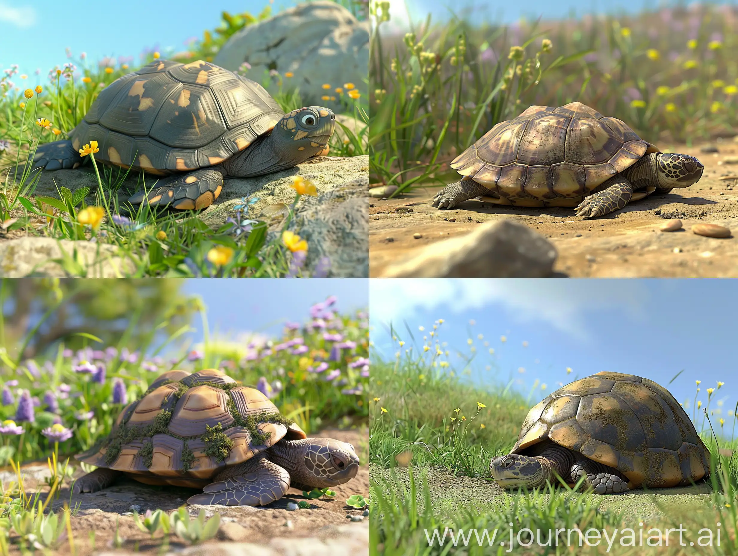 一只乌龟从山坡上飞速滚下来，全身缩在龟壳中，3D，皮克斯动画风格，