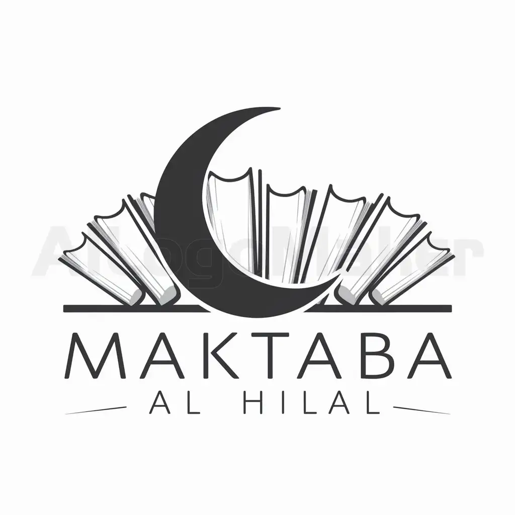 a logo design,with the text "Maktaba Al Hilal", main symbol:Crescent moon, books behind 6,Moderate,be used in Religious industry,clear background