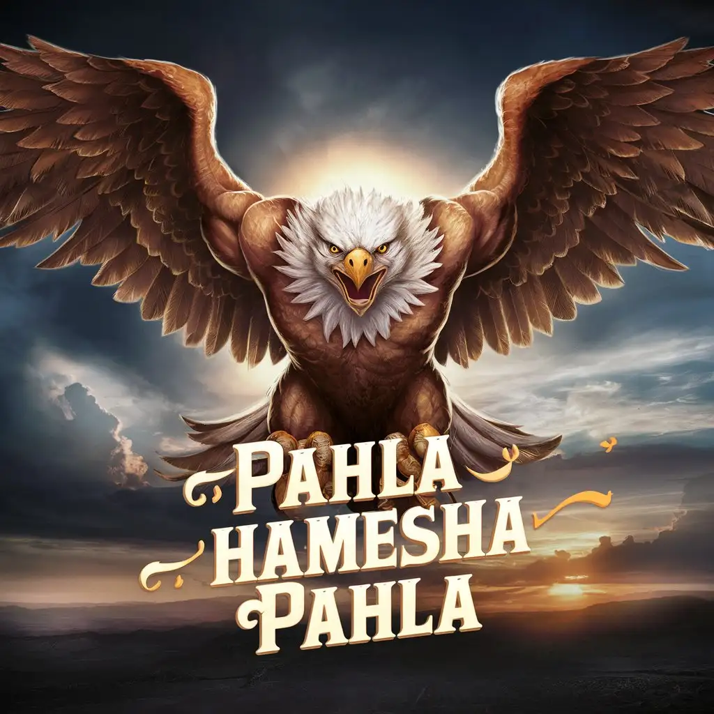 Fierce Eagle with muscular body and spread wings and Pahla Hamesha Pahla written below