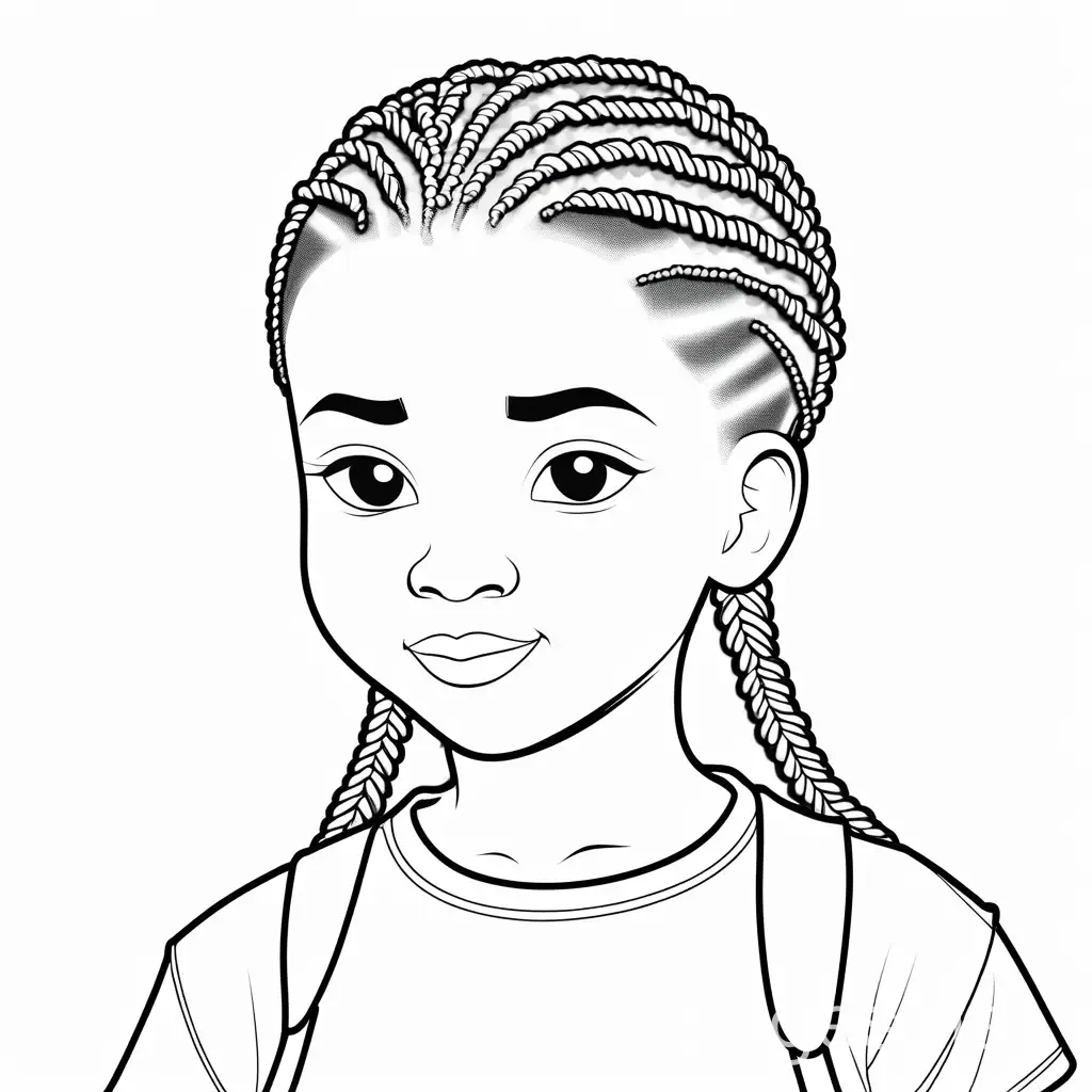 black boy with braids, Coloring Page, black and white, line art, white background, Simplicity, Ample White Space. The background of the coloring page is plain white to make it easy for young children to color within the lines. The outlines of all the subjects are easy to distinguish, making it simple for kids to color without too much difficulty