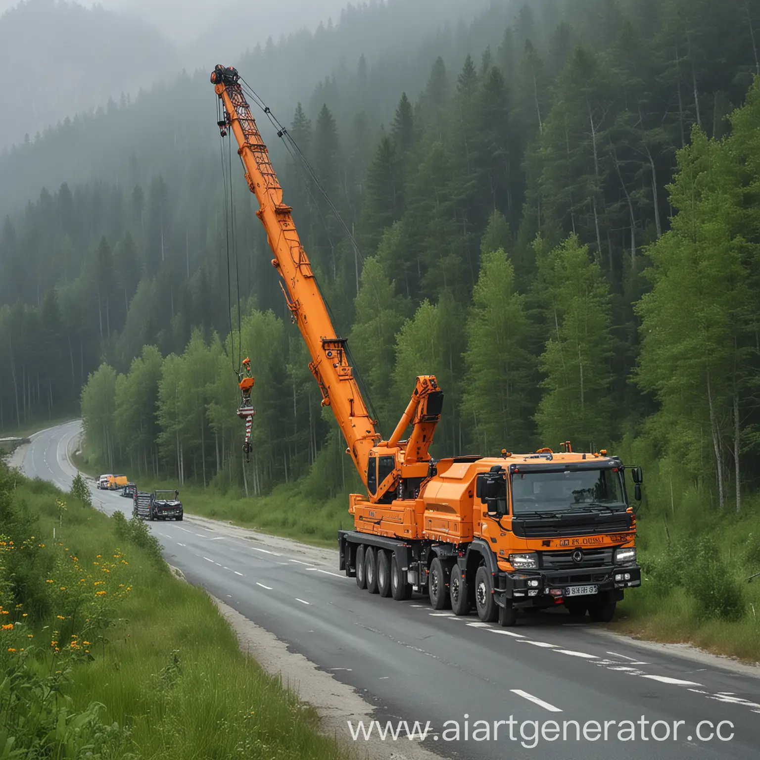 Scenic-Journey-Truck-Crane-Alongside-Serene-Road