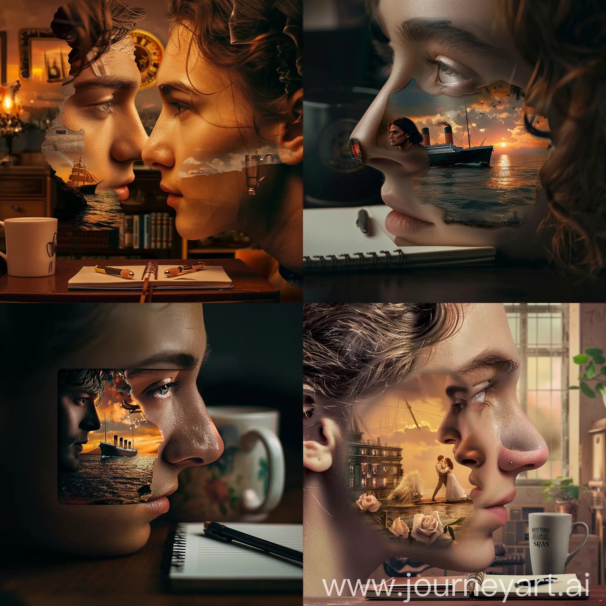 Изображение Джека и Розы из сцены на носу "Титаника" с добавлением элементов домашнего офиса (например, ноутбук и кружка кофе).