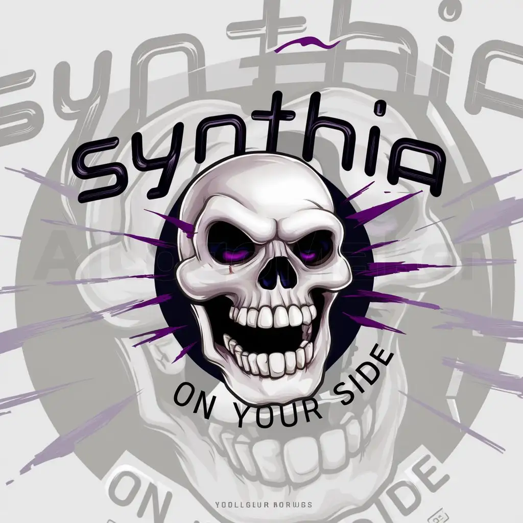 a logo design,with the text "Synthia", main symbol:A realistic laughing cartoon-ish skull with the words 'on your side' below it and purple scratchmarks as if it's bleeding, it should be cartoon-like but also semi-realistic,complex,be used in Technology industry,clear background