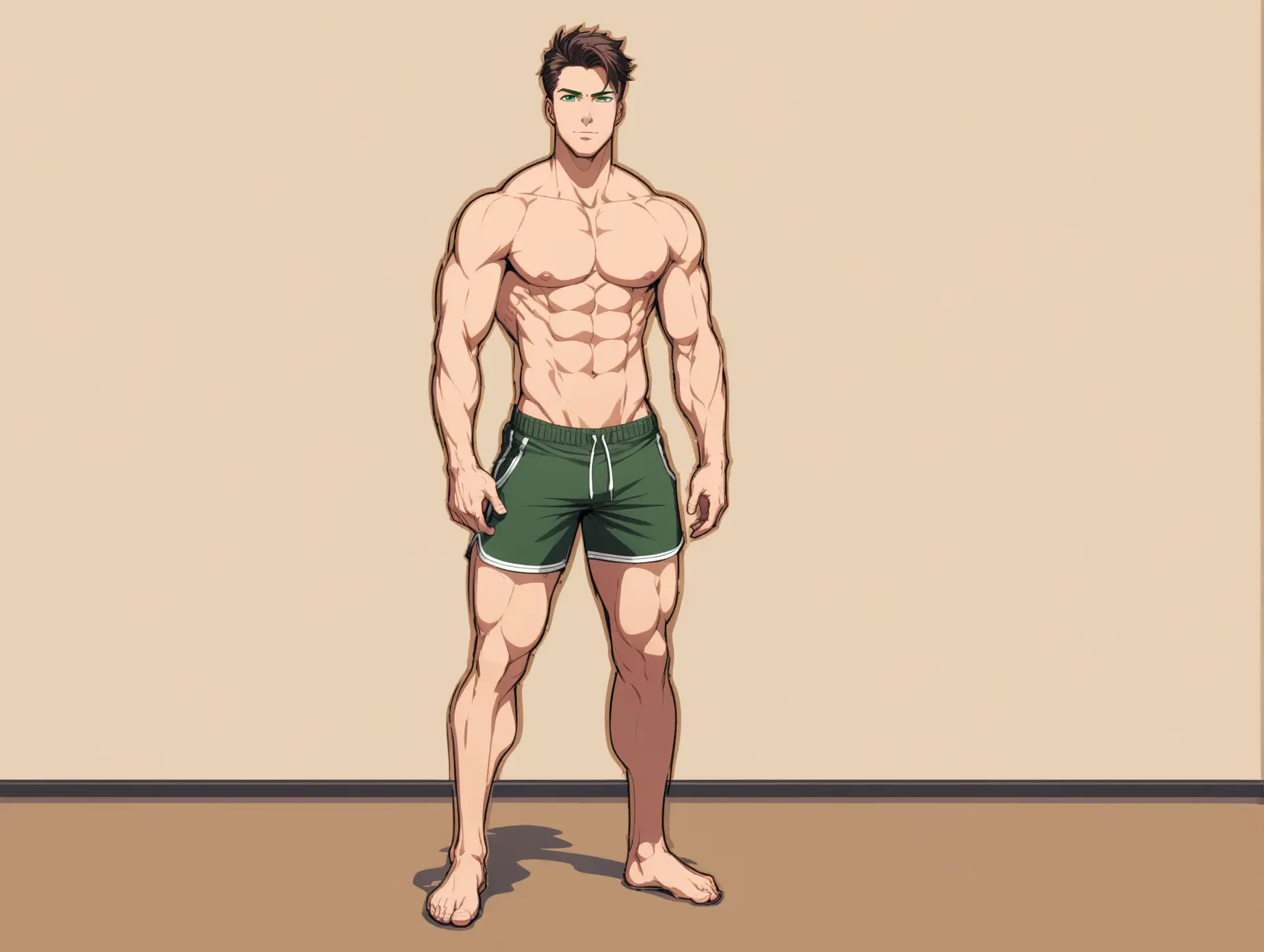 male, toned body, green eyes, black crew hair, Brown Short Shorts (Loose), only one person, full body, standding(not straighten one's waist), the outline of a genitalia, Sleeveless, fucking view, alpha male